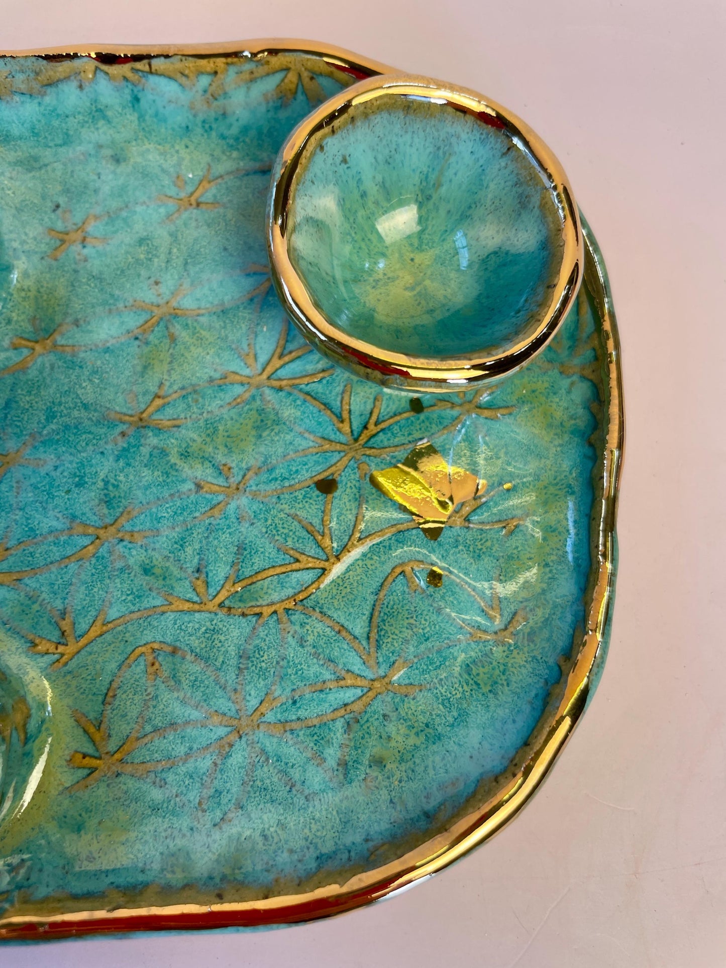 Turquoise Ritual Dish with Gold Moon – 4-Element Altar Tray for Candle, Incense, Palo Santo and Herbs
