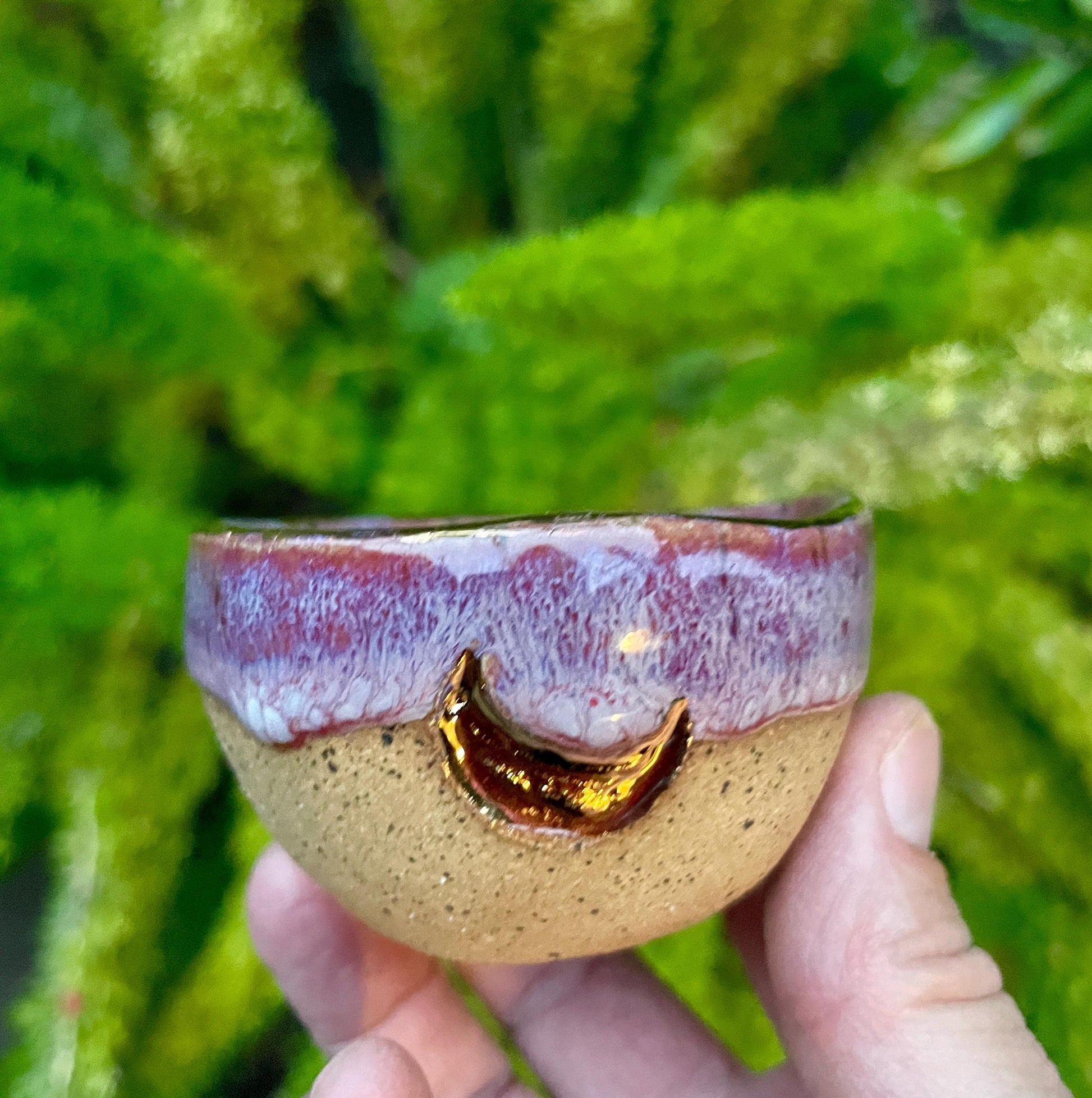 Small Pinched Moon Bowl – Pink Glaze with Gold Crescent Moons