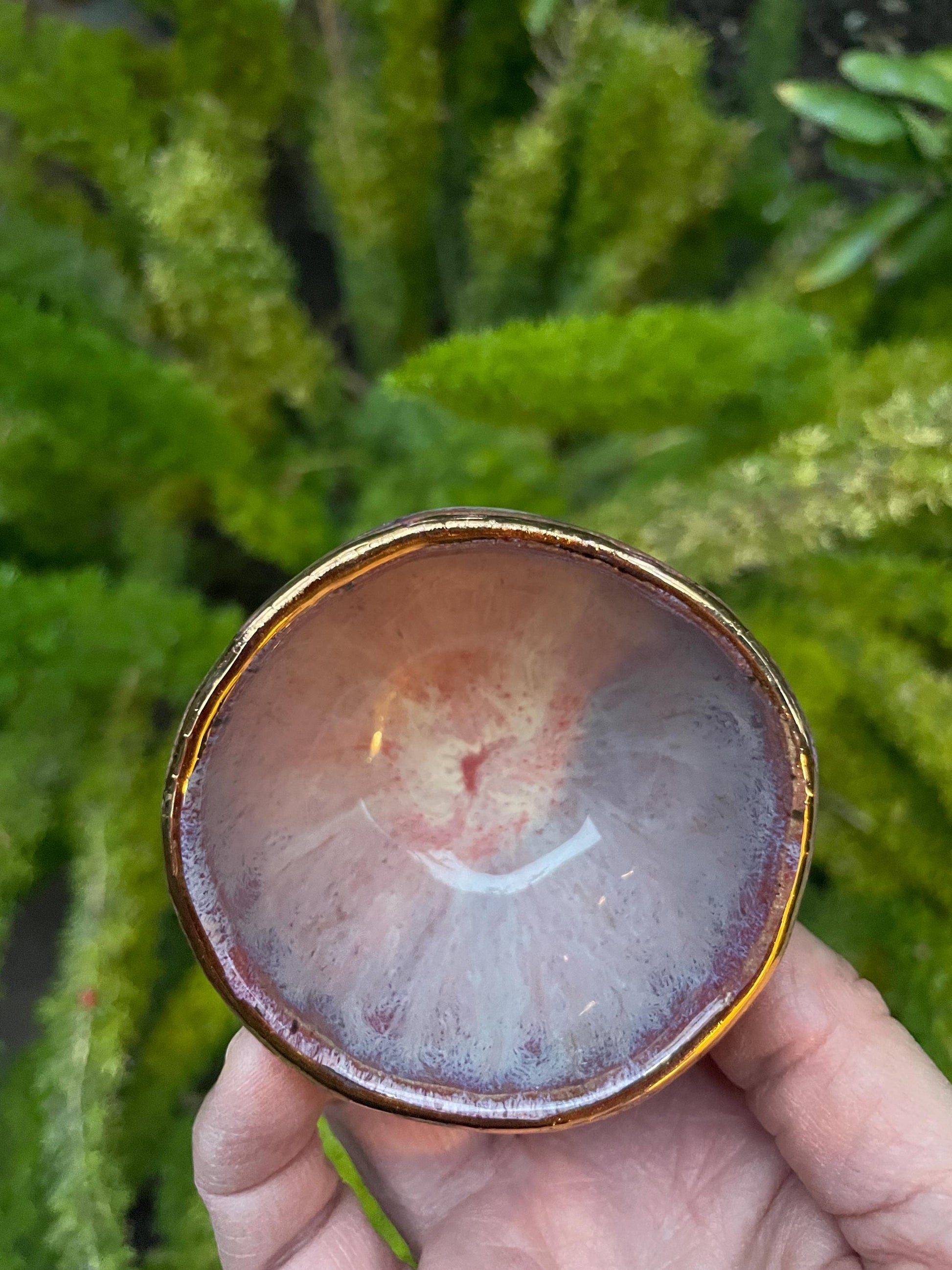 Small Pinched Moon Bowl – Pink Glaze with Gold Crescent Moons