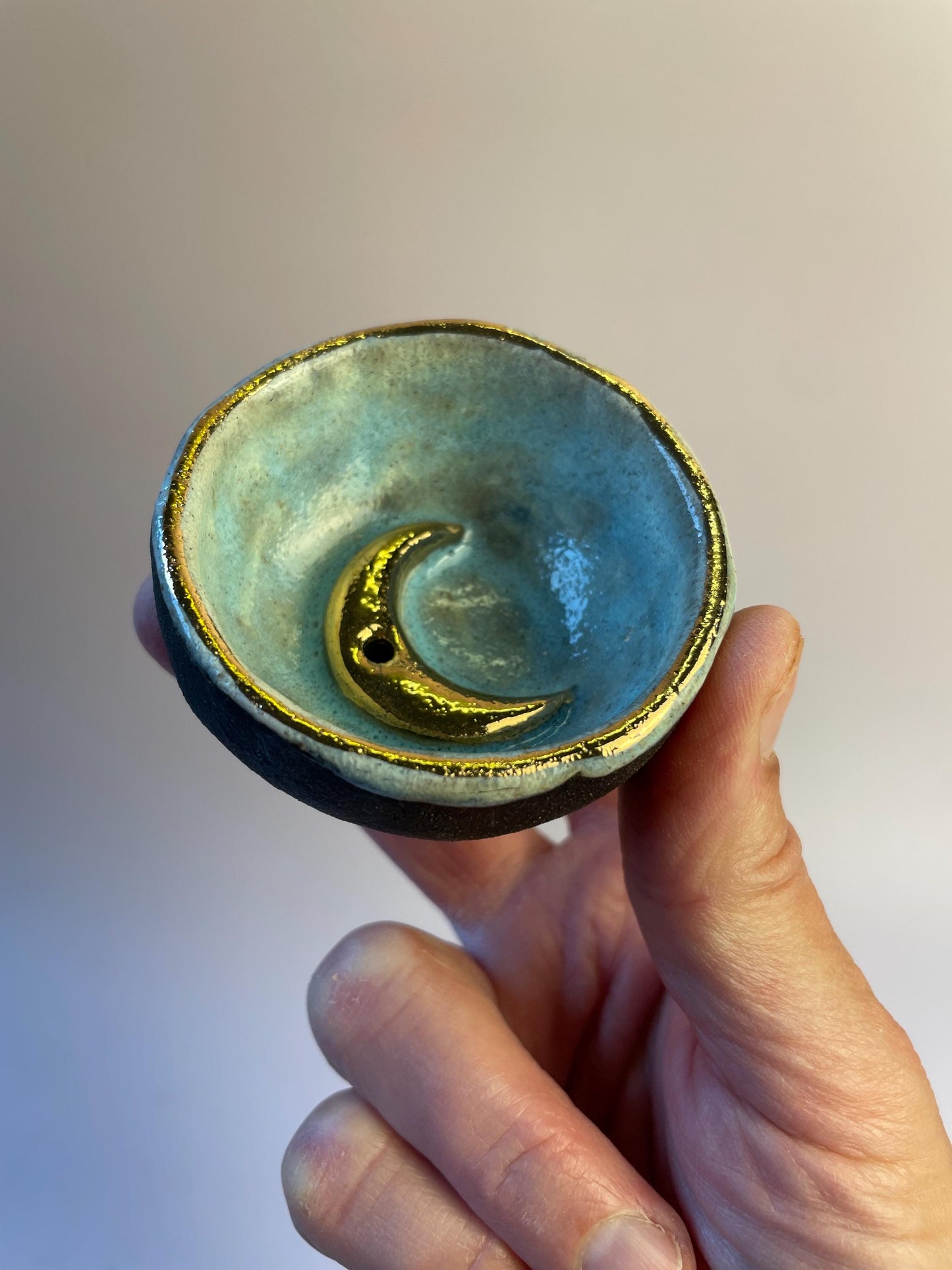 Handmade Aqua and Gold Crescent Moon Incense Holder | Ceramic Trinket Bowl for Jewelry and Sacred Objects