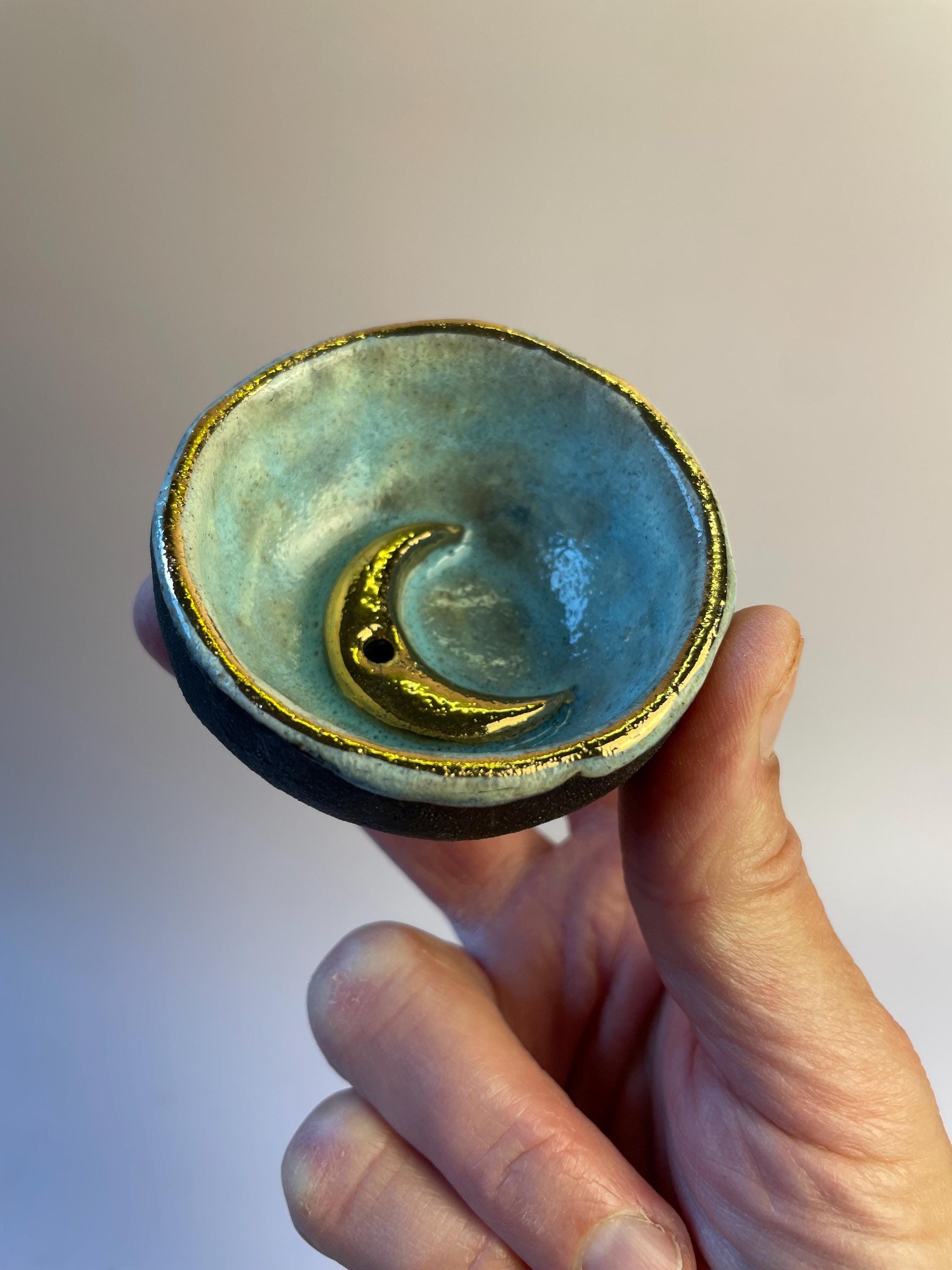 Handmade Aqua and Gold Crescent Moon Incense Holder | Ceramic Trinket Bowl for Jewelry and Sacred Objects