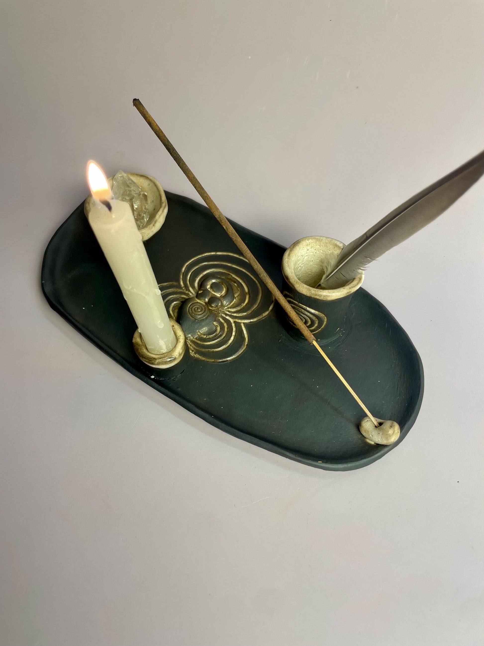 Four Elements Ritual Dish | Goddess & Spiral Imagery | Hand-Carved Ceramic Altar Piece | Dark Clay with Oatmeal Glaze