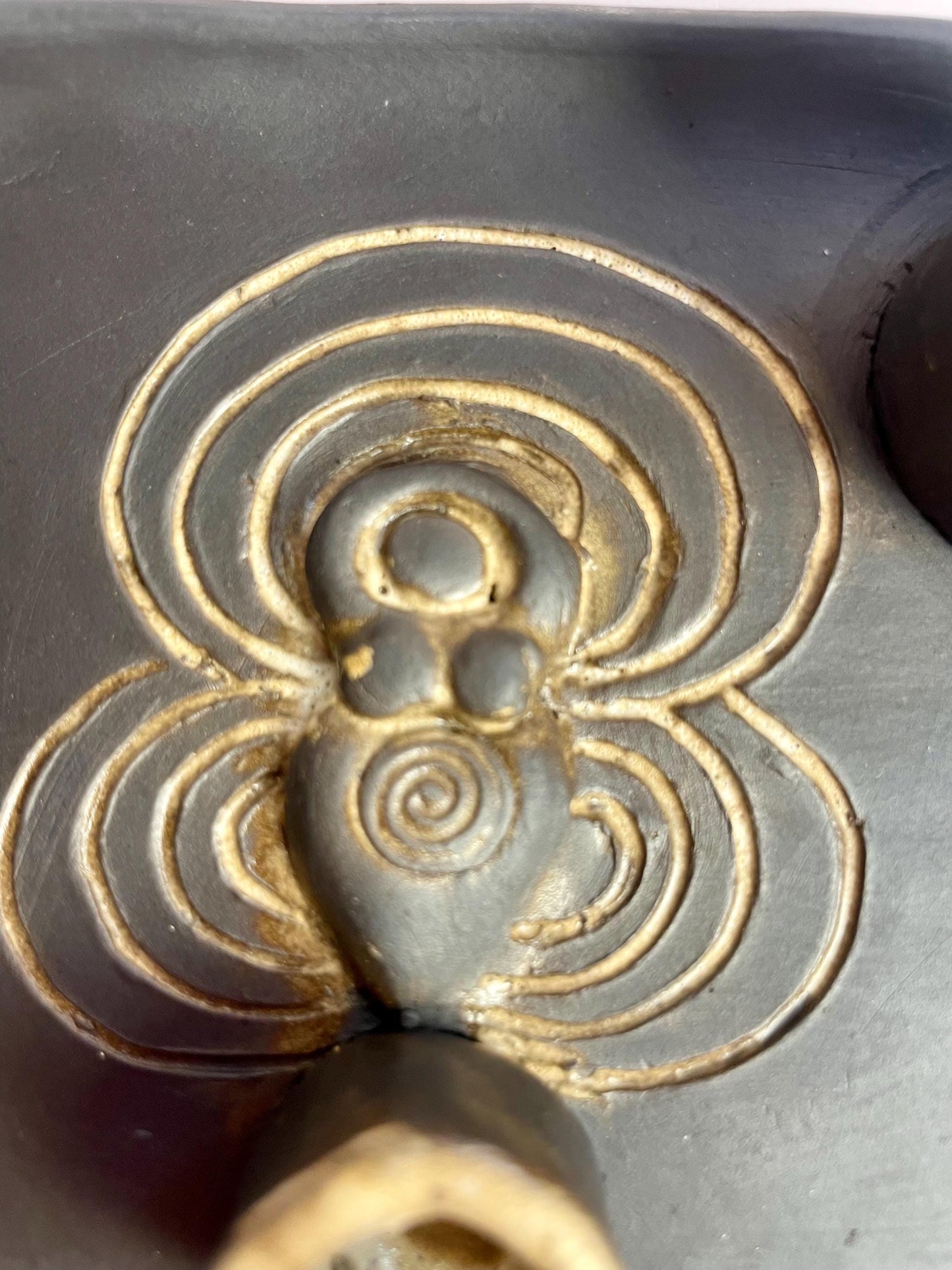 Four Elements Ritual Dish | Goddess & Spiral Imagery | Hand-Carved Ceramic Altar Piece | Dark Clay with Oatmeal Glaze