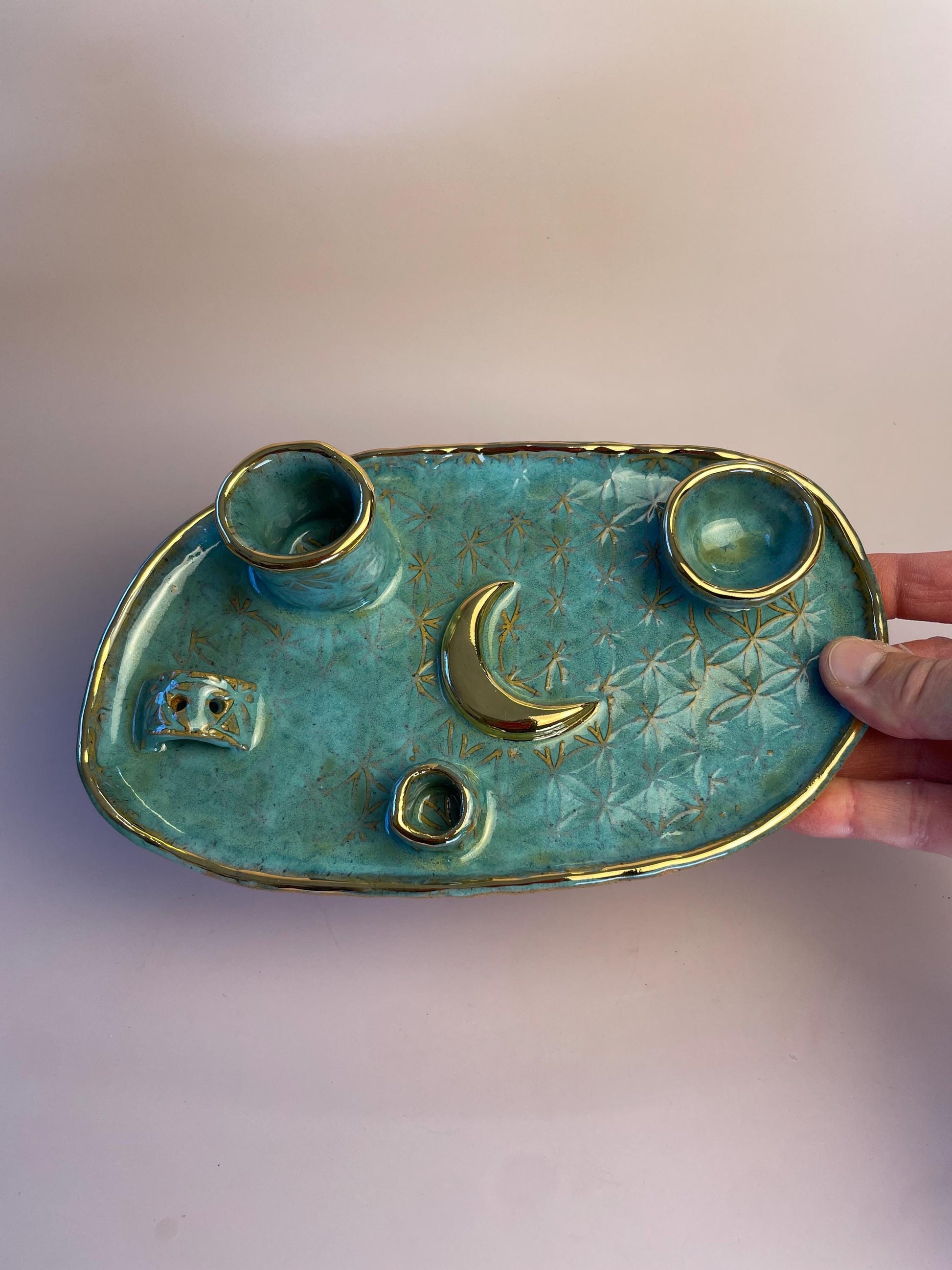 Four Element handmade ceramic Ritual Dish with Gold Crescent Moon