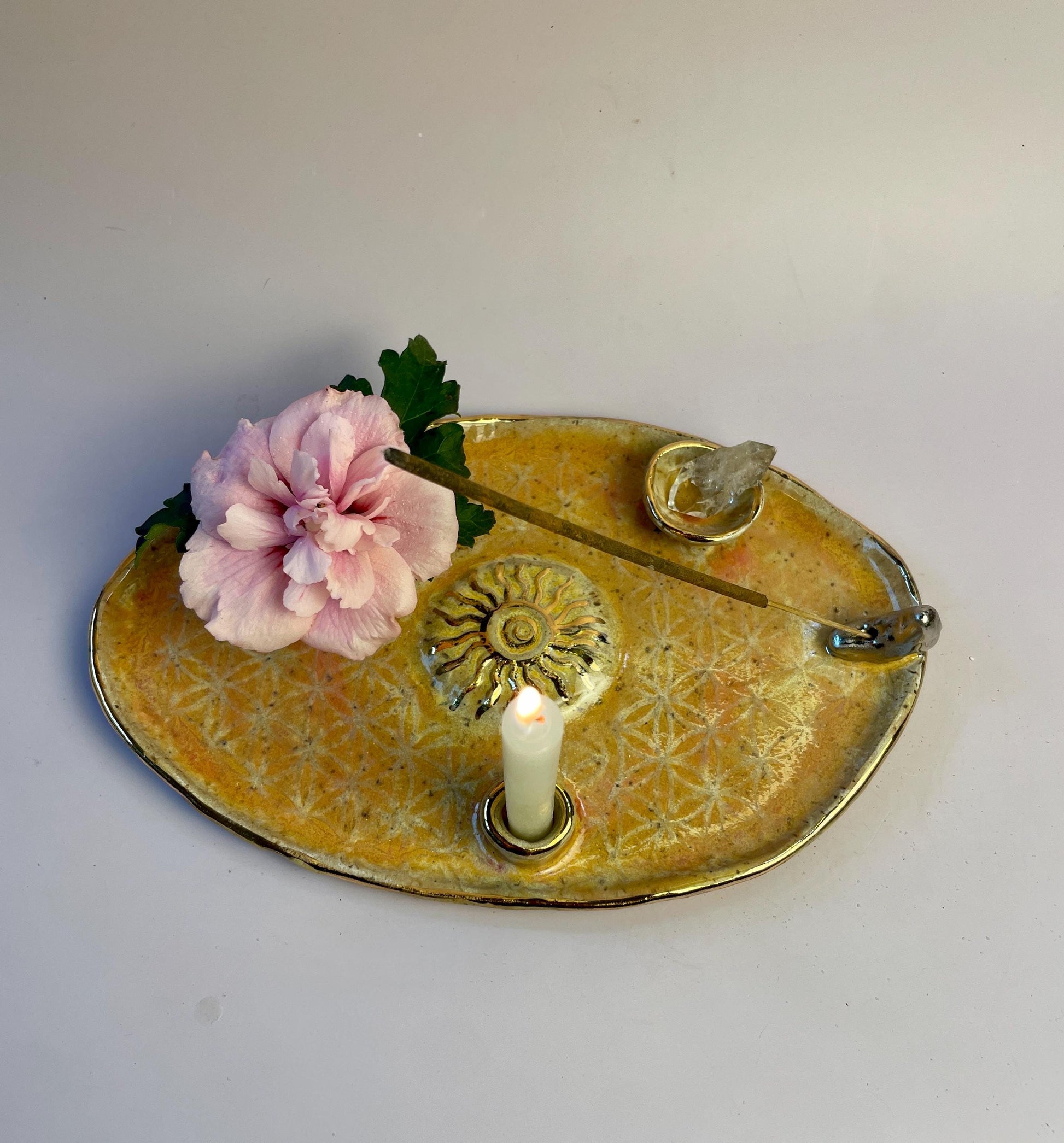 Four-Element Ritual Dish – Flower of Life, Sun and Moon, Coral and Gold Glaze