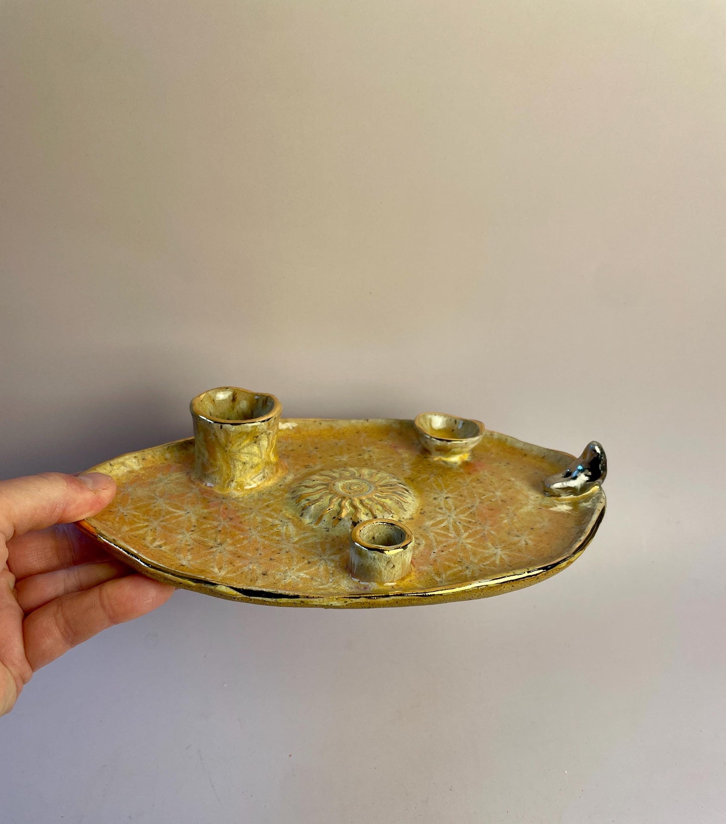 Four-Element Ritual Dish – Flower of Life, Sun and Moon, Coral and Gold Glaze