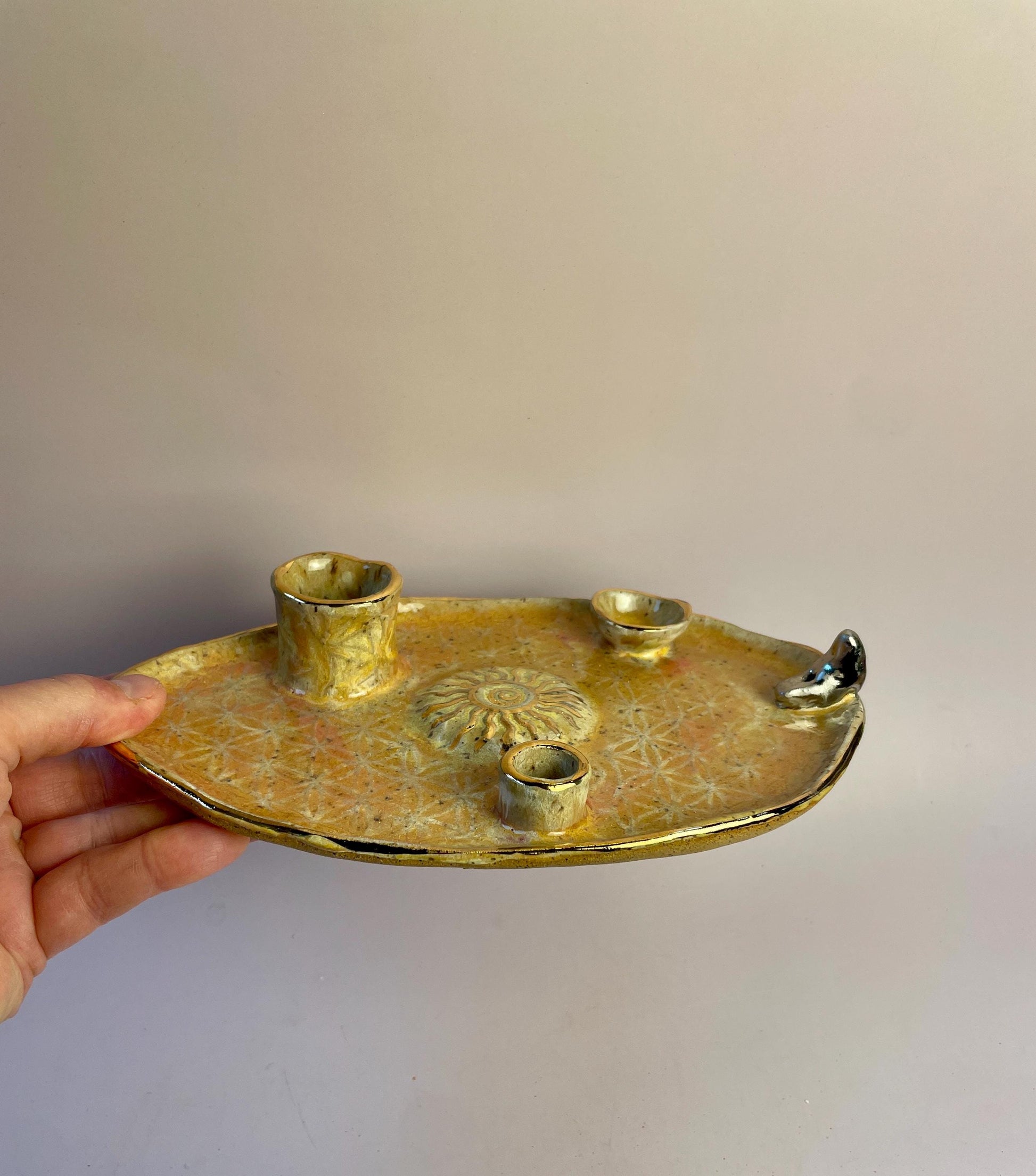 Four-Element Ritual Dish – Flower of Life, Sun and Moon, Coral and Gold Glaze