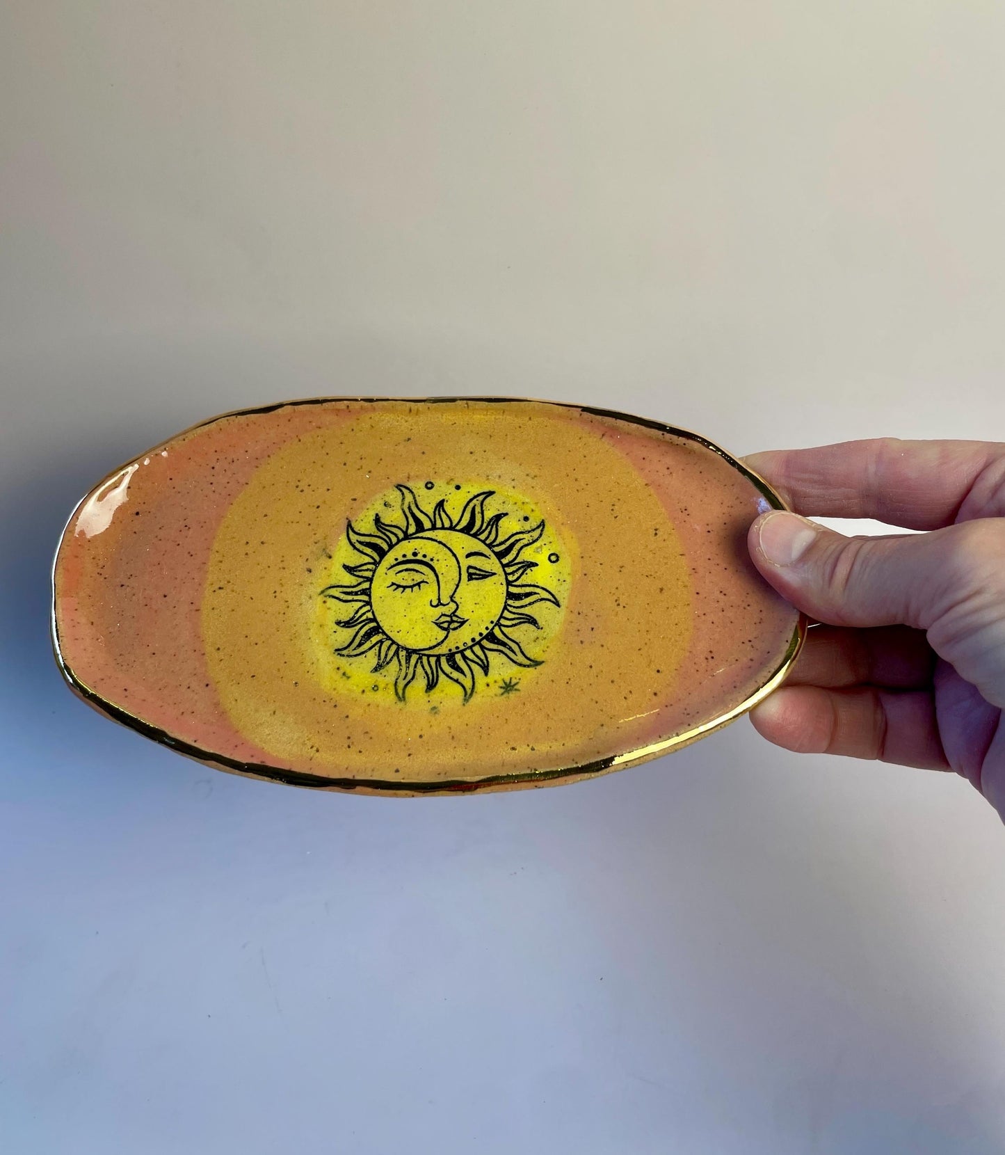 Sun Moon Trinket Dish – Coral, Orange and Yellow Glaze with Gold Luster Rim