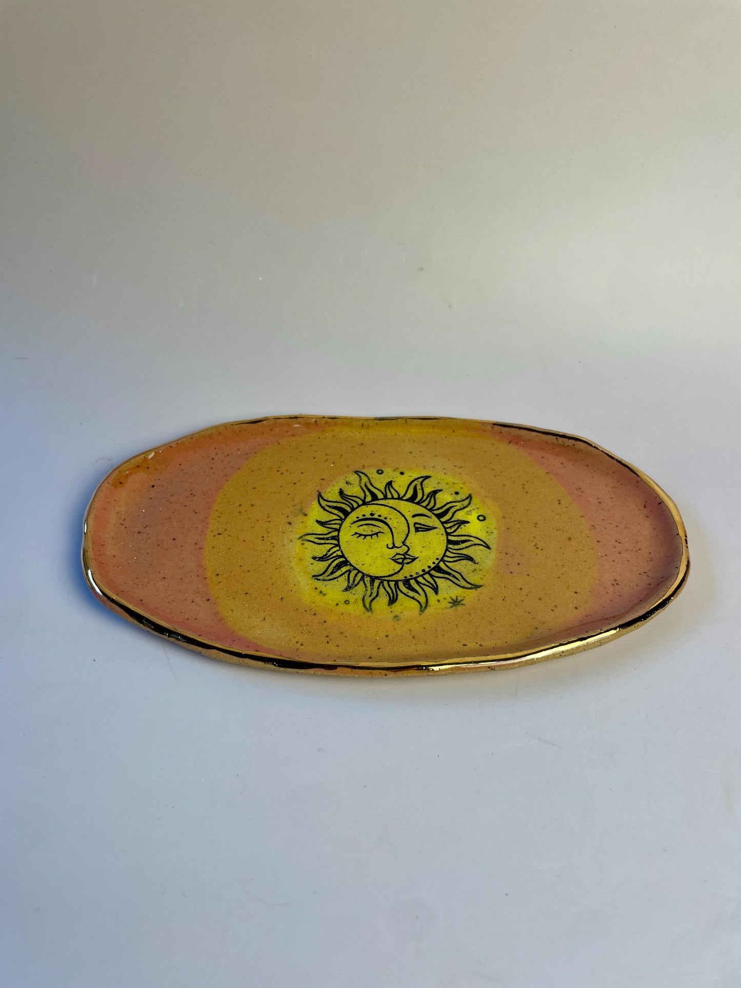 Sun Moon Trinket Dish – Coral, Orange and Yellow Glaze with Gold Luster Rim