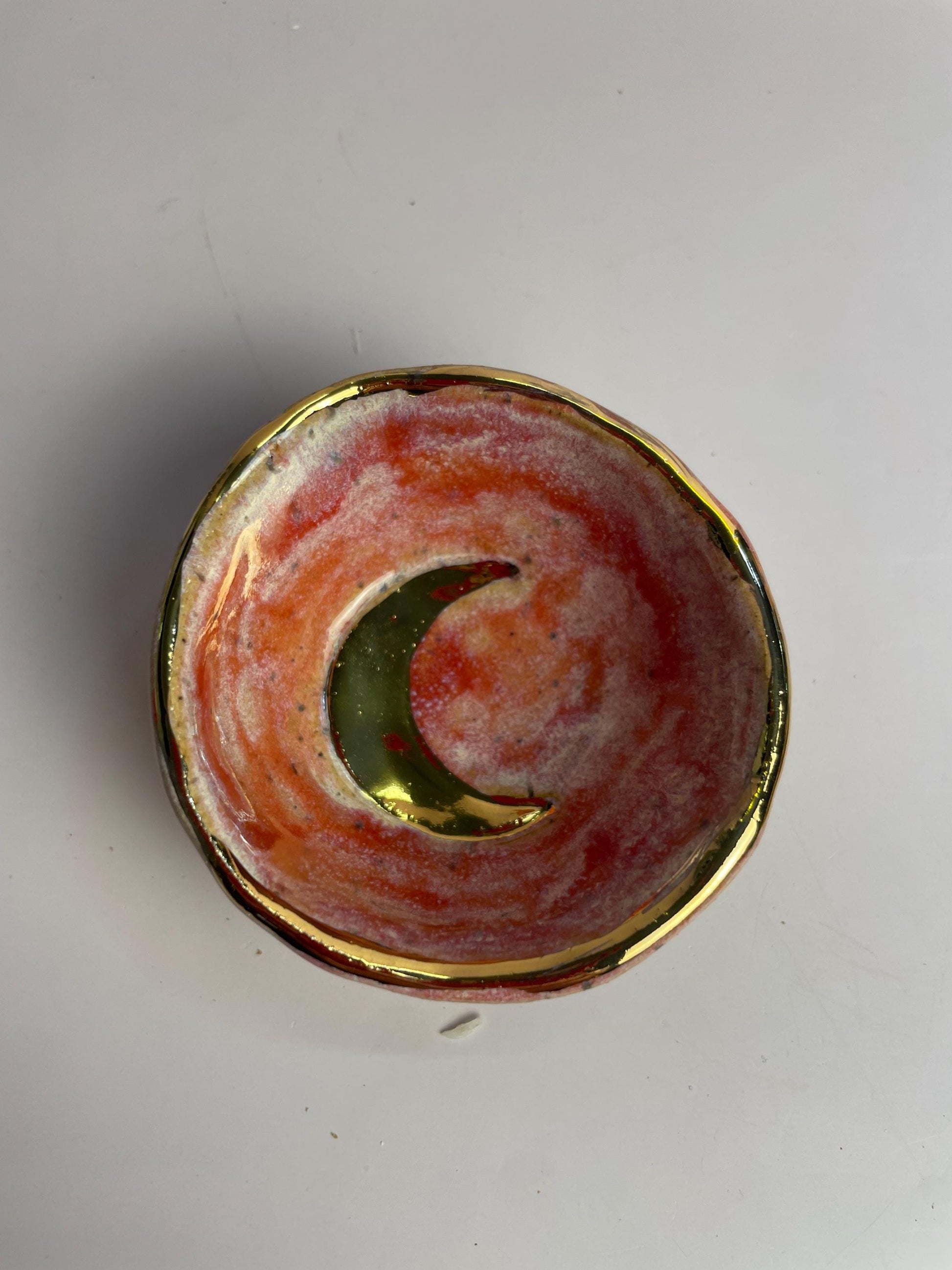 Mini Altar Bowl – Pink Ceramic Moon Dish with Gold Rim, Handmade Ritual Vessel