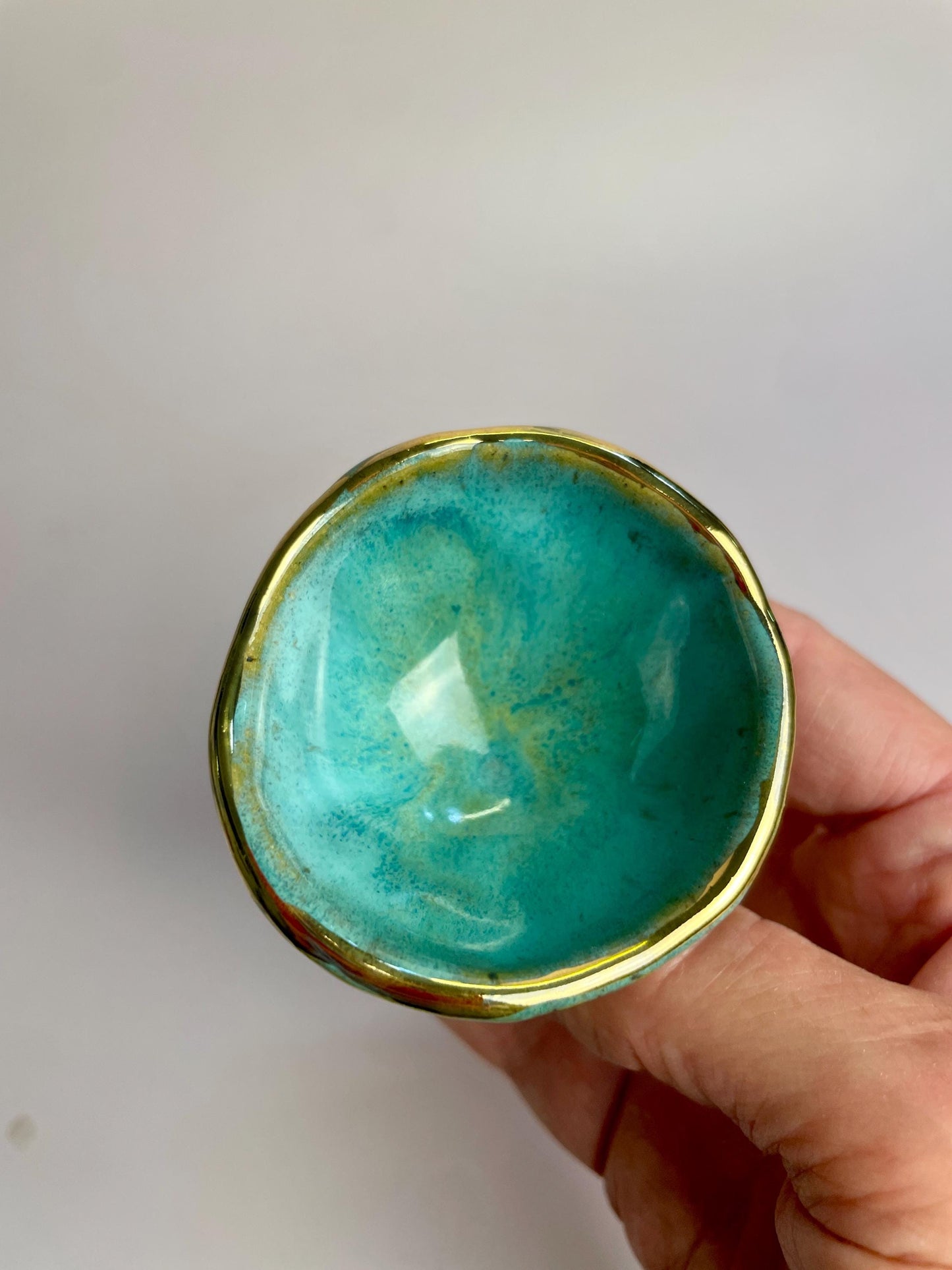 Small Turquoise Moon Altar Chalice – Hand-Built Honey Clay Ritual Vessel with Gold Crescent Moonsl