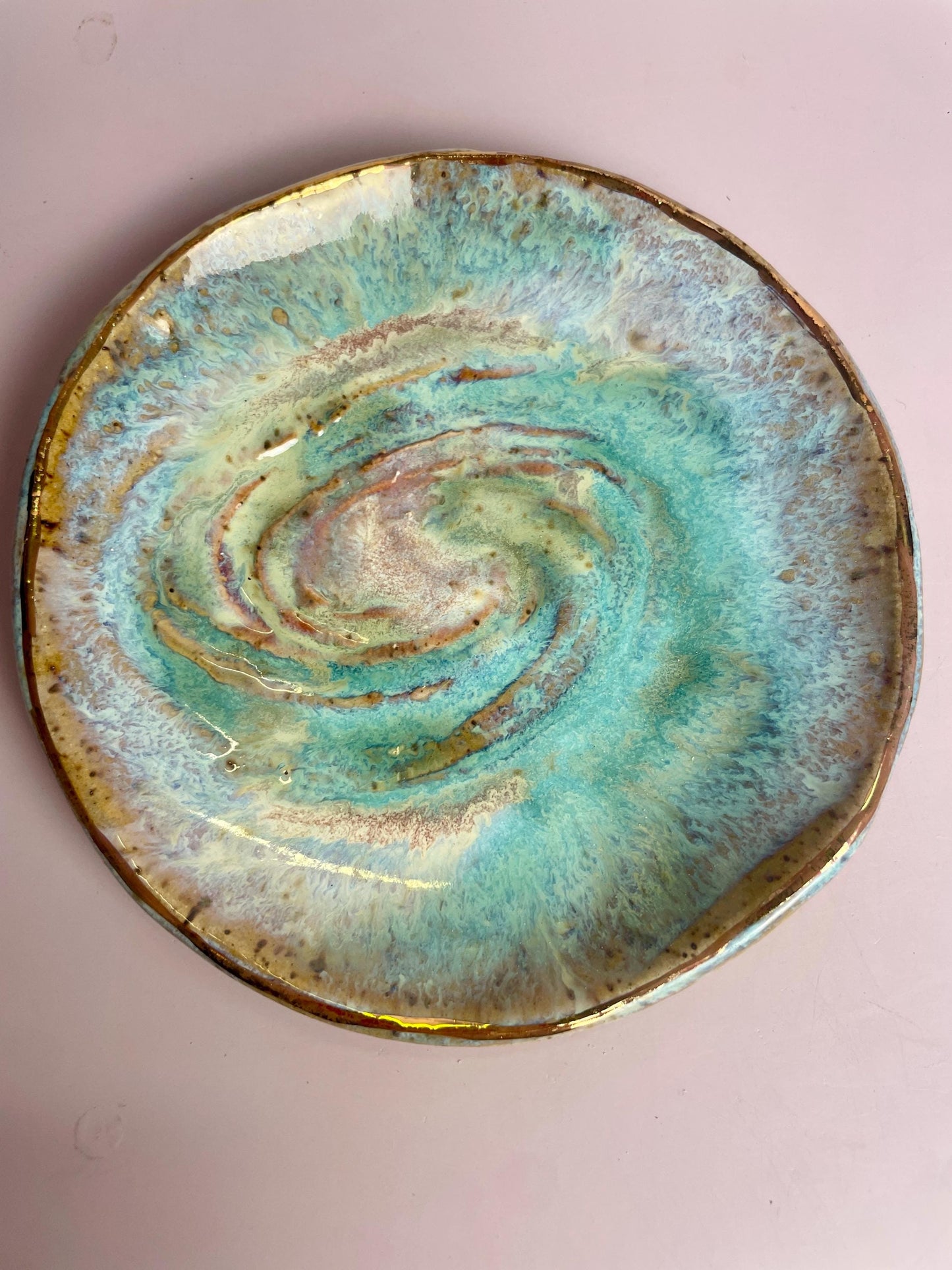 Galaxy Swirl Trinket Dish — Crystal Charging and Altar Bowl in Icy Lavender Blue and Emerald Glaze