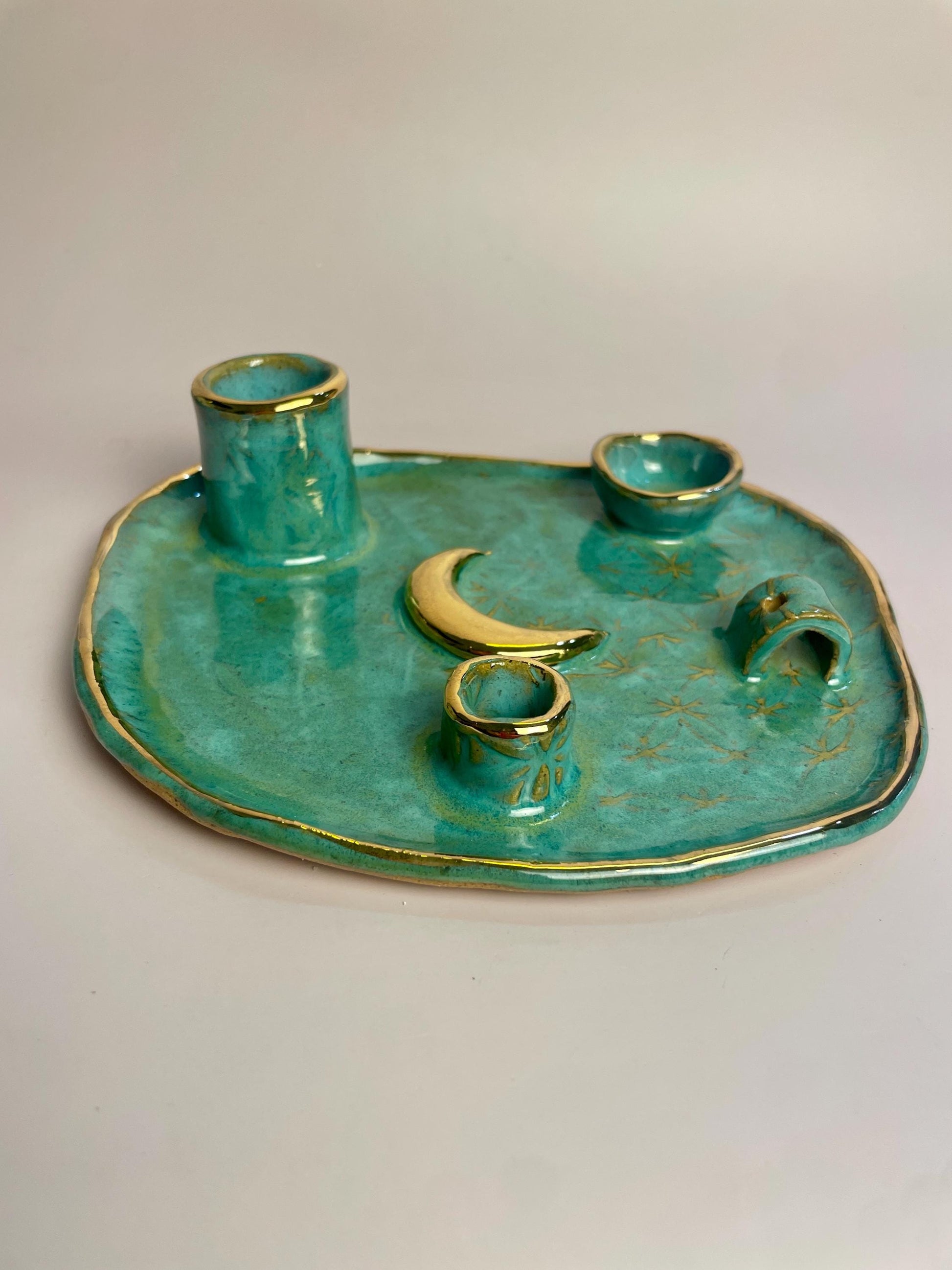 Four-Element Ritual Dish with Gold Moon — Flower of Life Design