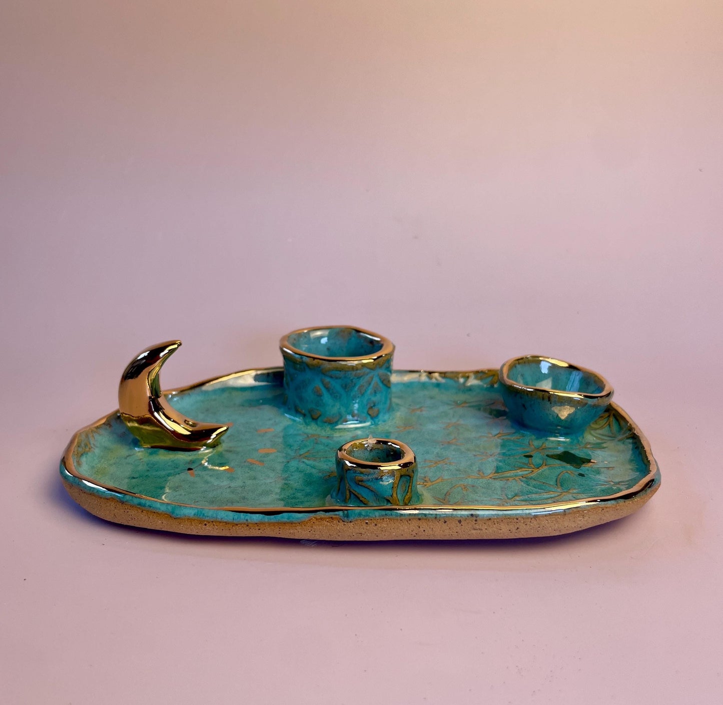 Turquoise Ritual Dish with Gold Moon – 4-Element Altar Tray for Candle, Incense, Palo Santo and Herbs