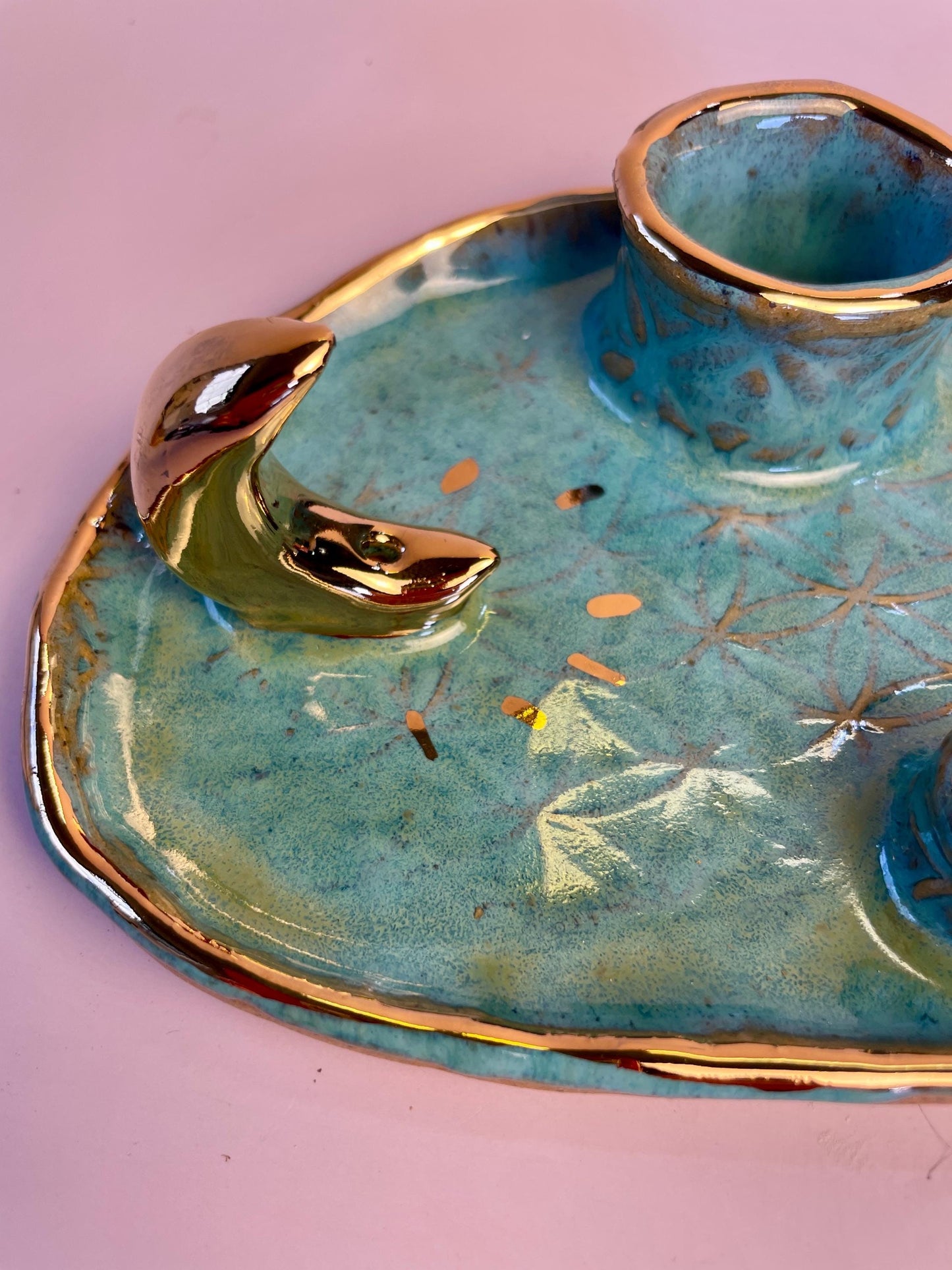 Turquoise Ritual Dish with Gold Moon – 4-Element Altar Tray for Candle, Incense, Palo Santo and Herbs