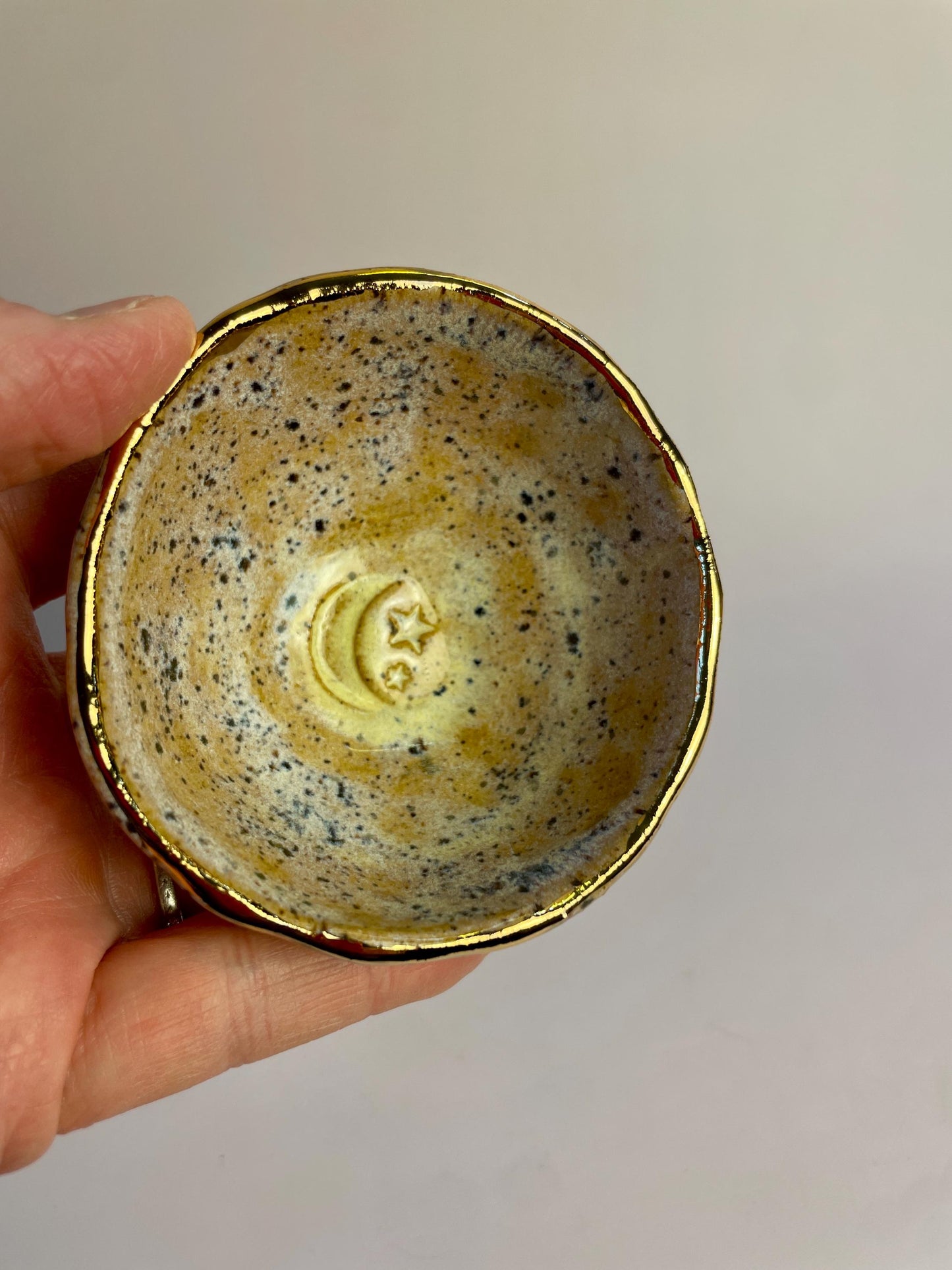 Handmade ceramic Moon and Stars Pinch Bowl with Gold Rim