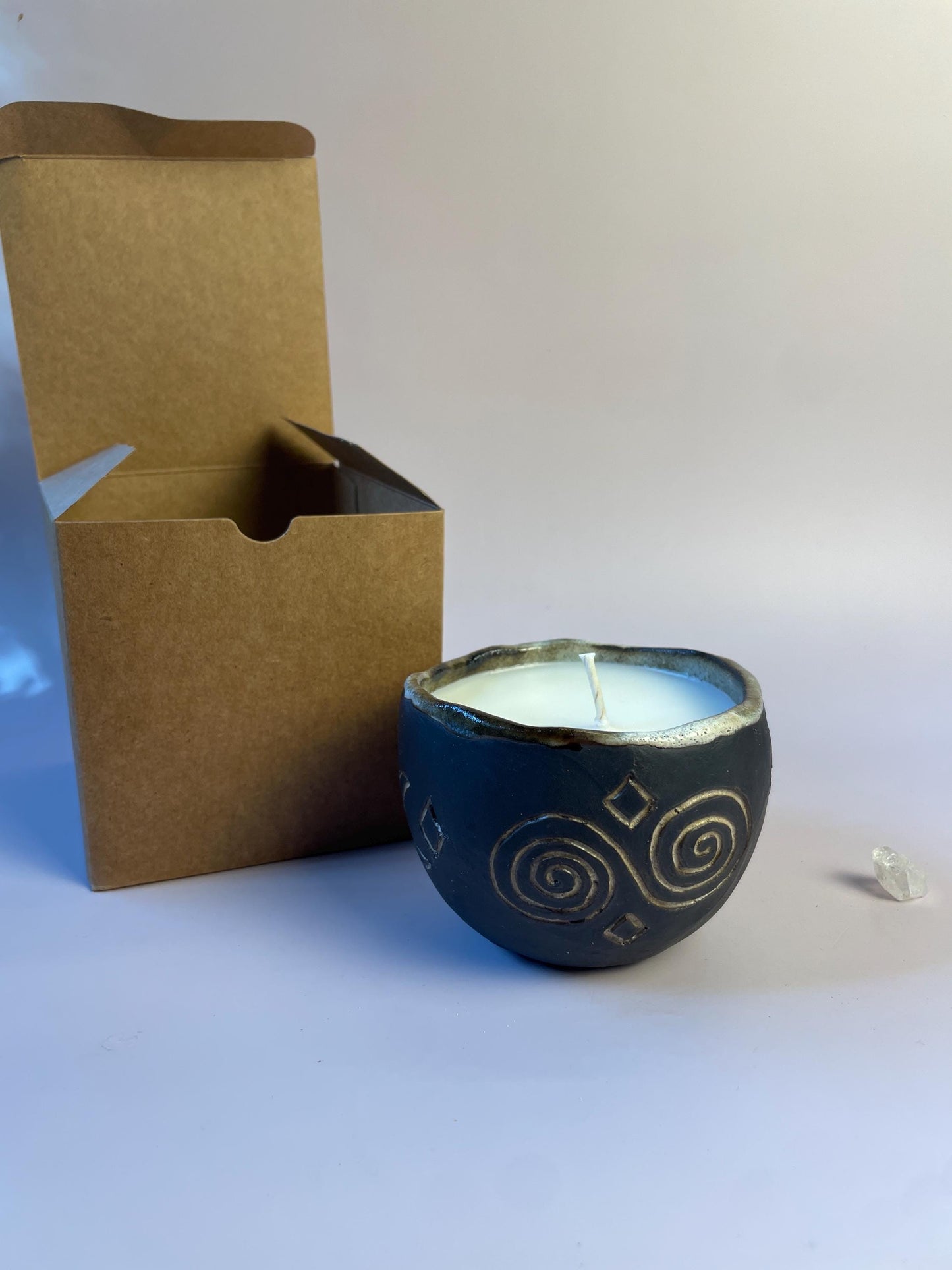 Winter Solstice Candle in Hand Carved Newgrange Vessel – Dark Clay Ritual Candle, Fragrance-Free, Non-Toxic Apricot Wax, Celtic Spiral