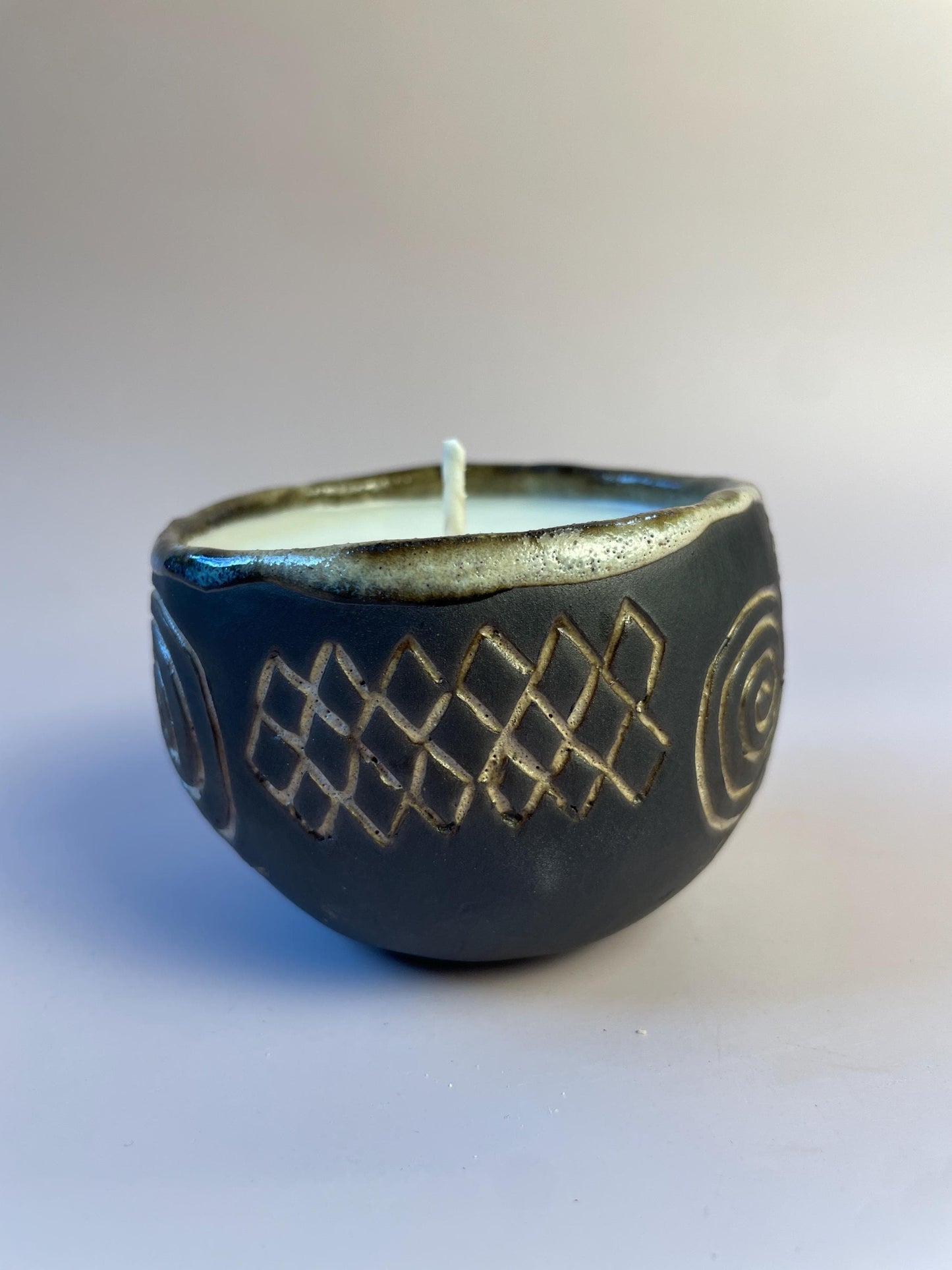 Handmade Ceramic Carved Newgrange Vessel – Dark Clay Ritual Candle, Fragrance-Free, Non-Toxic Apricot Wax, Celtic Spiral