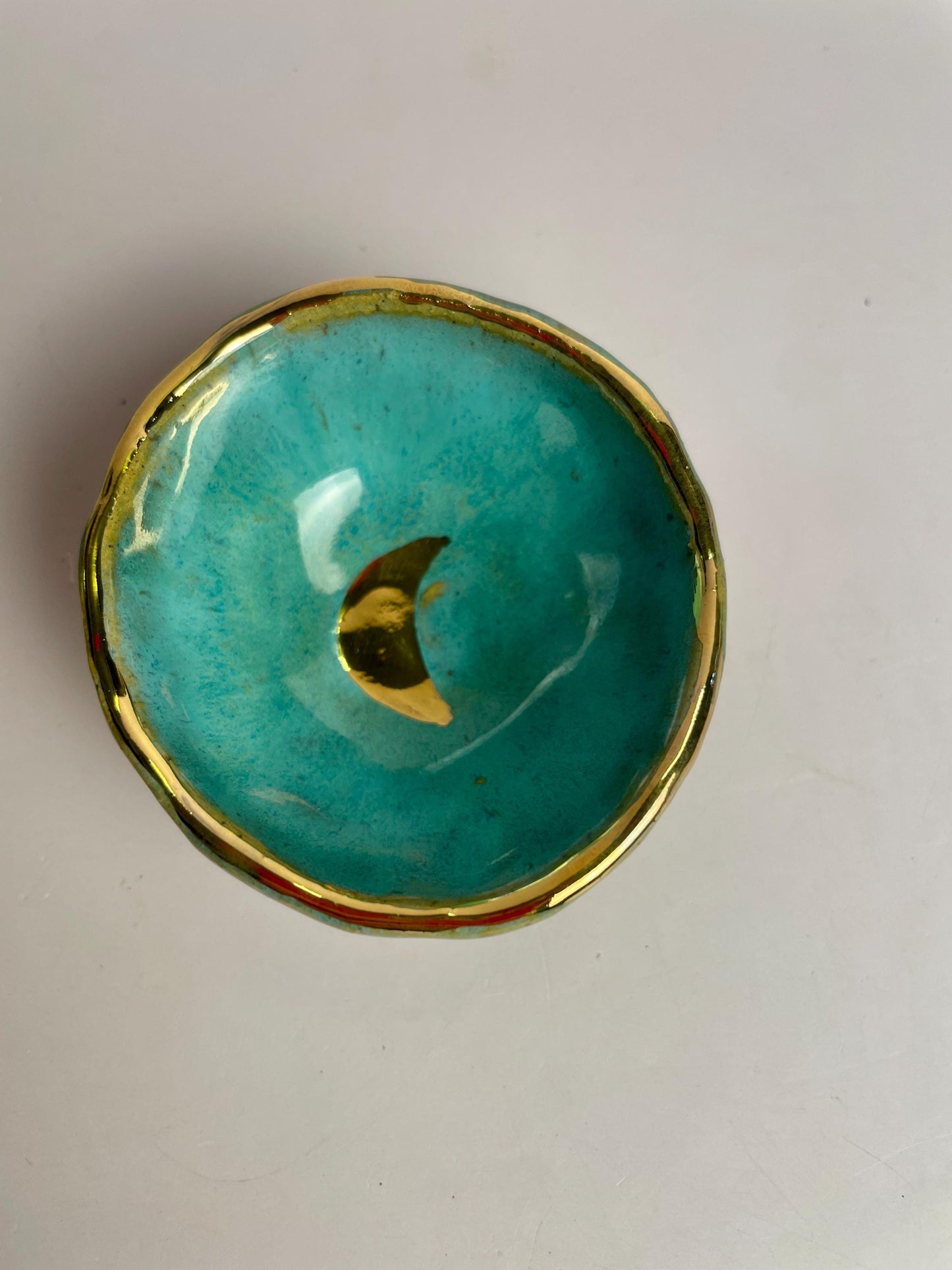 Turquoise Crescent Moon Bowl – Hand-Pinched Ceramic Dish with Gold Luster Rim | Mini Altar or Jewelry Dish | Celestial Pottery Gift