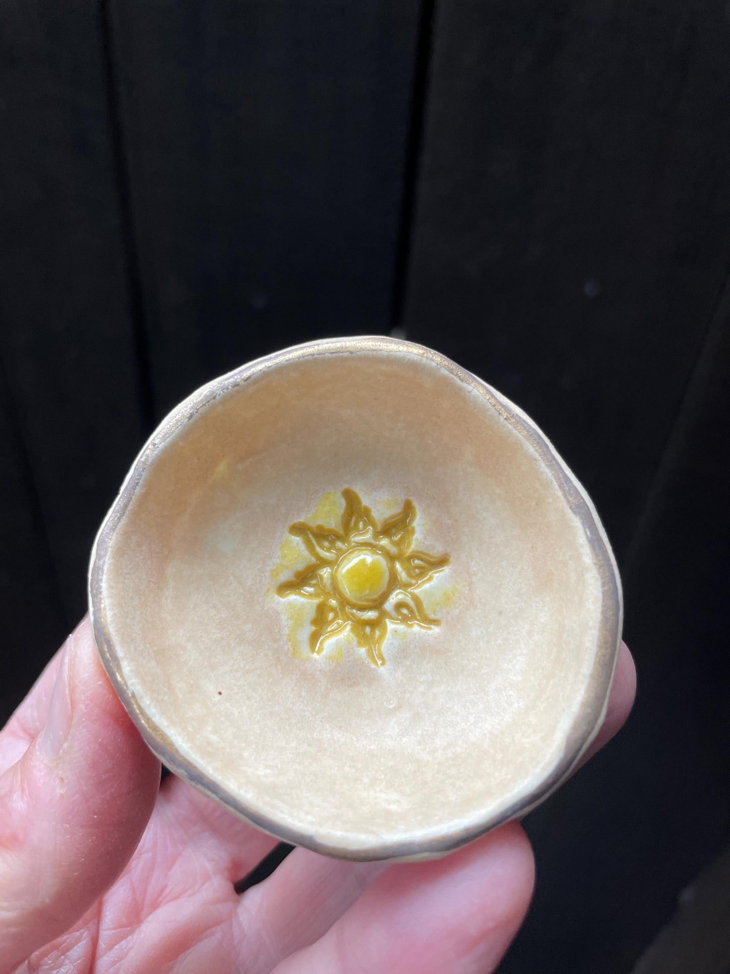 Golden Sun Bowl – Hand-Pinched Ceramic Dish with Gold Glazed Sun | Peach Ceramic Ring Dish | Food-Safe Mini Bowl