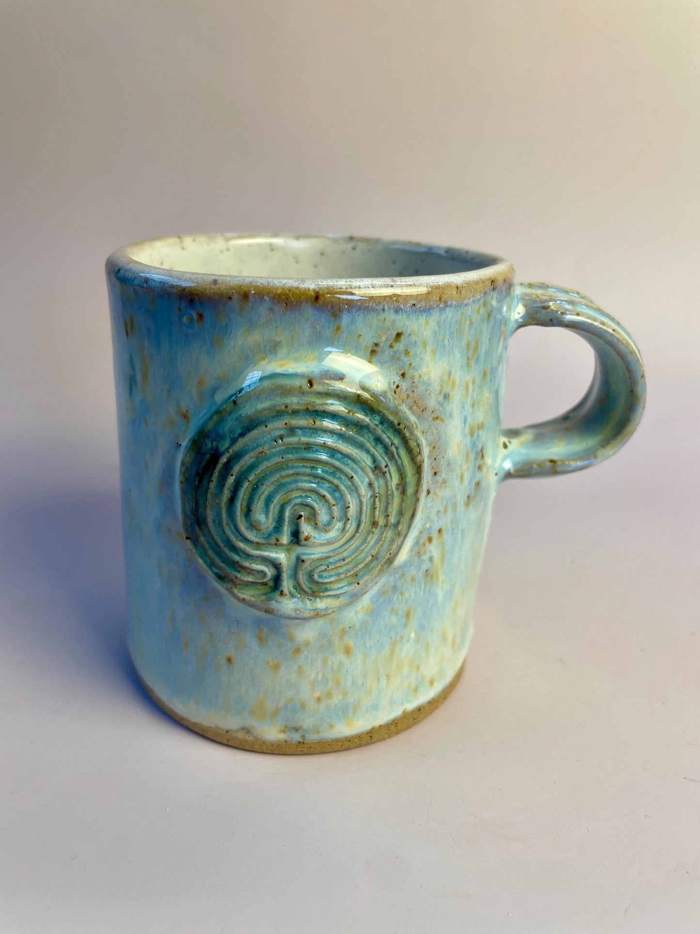 Cretan Labyrinth Mug with Gold Crescent Moon – Hand-Built Ceramic Cup | Honey Clay Mug with Blue-Purple Glaze | Mythic Ritual Pottery