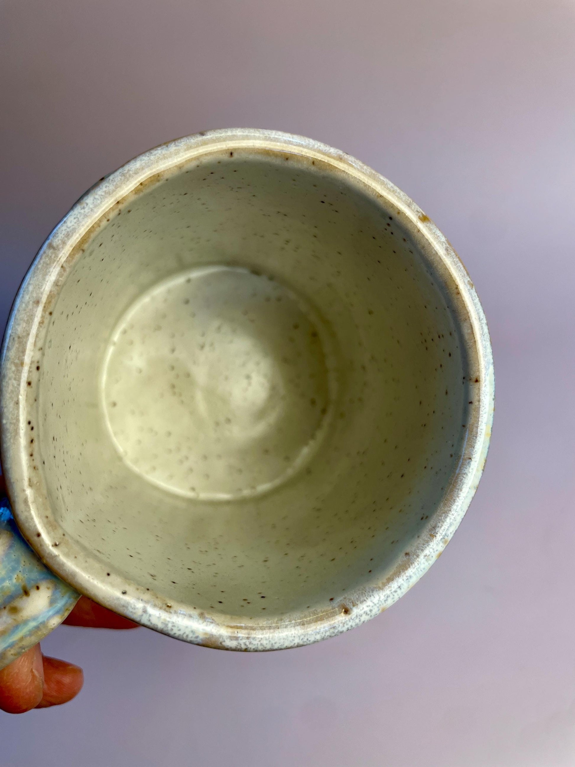 Cretan Labyrinth Mug with Gold Crescent Moon – Hand-Built Ceramic Cup | Honey Clay Mug with Blue-Purple Glaze | Mythic Ritual Pottery