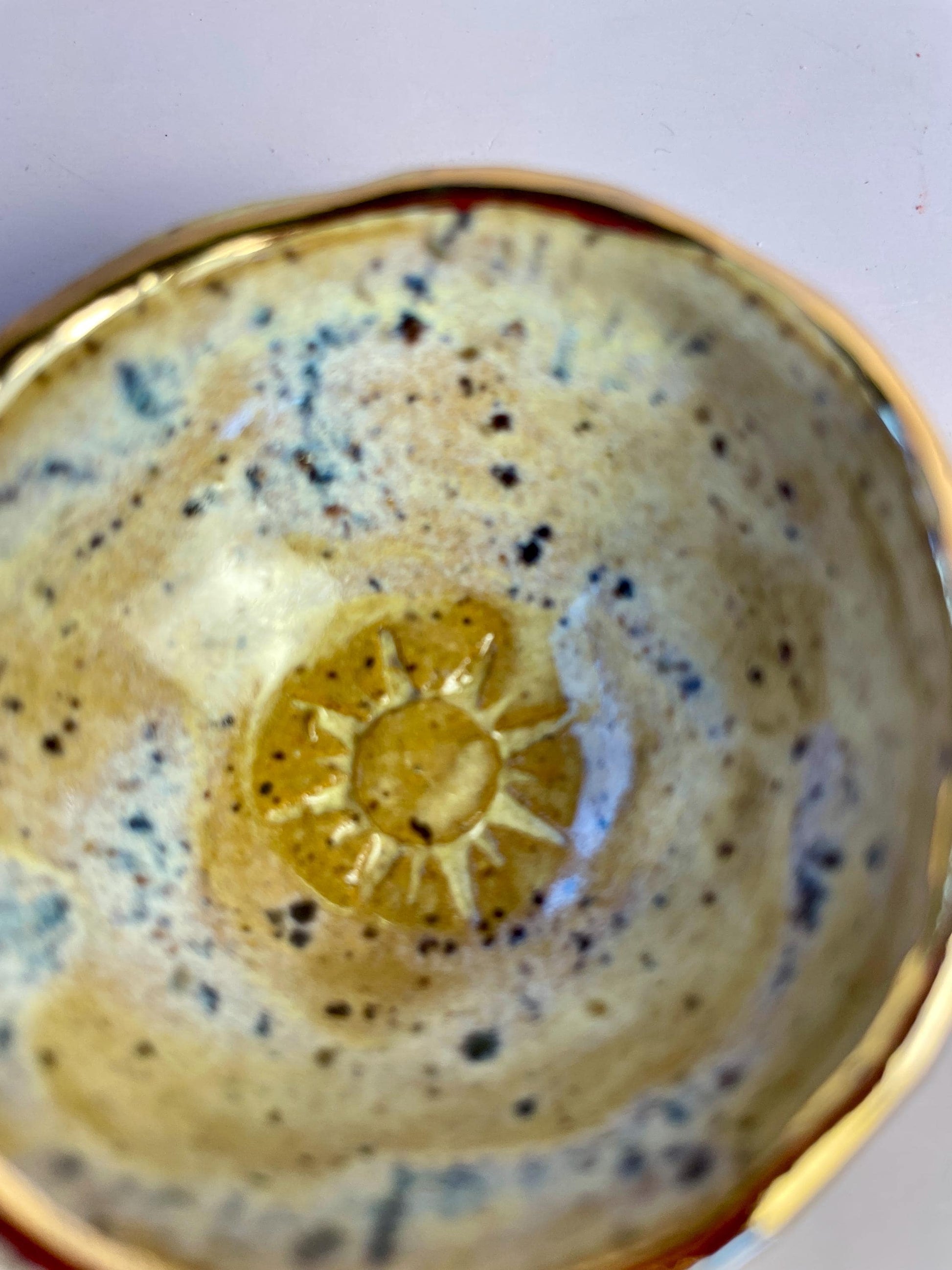Mini Sun Bowl – Hand-Pinched Ceramic Dish with Gold Rim | Speckled Lavender & Lemon Glaze | Honey Clay Offering or Jewelry Bowl