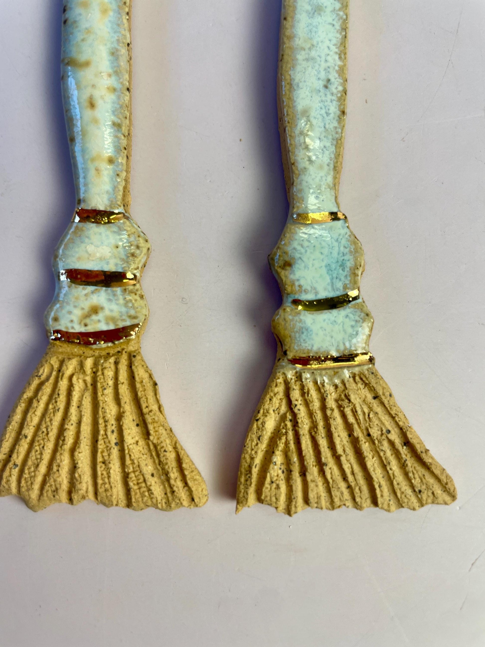 Ceramic Broom Ornament – Handcrafted Honey Clay Besom with Gold Luster | Light Blue & Opal Glaze | Hearth and Home Protection Charm