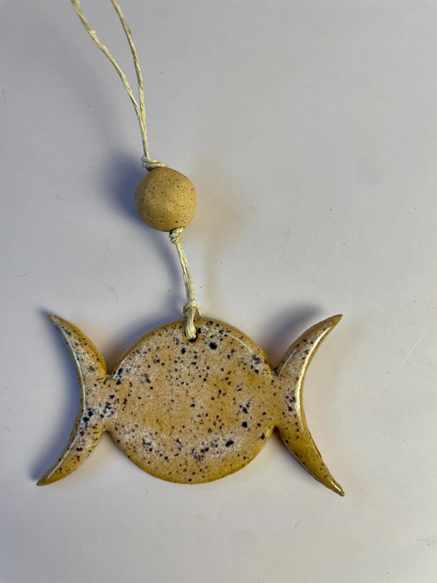 Triple Goddess Ornament – Lavender Indigo Speckle with Honey Clay Bead | Handcrafted Moon Symbol Wall Hanging | Feminine Divine Decor