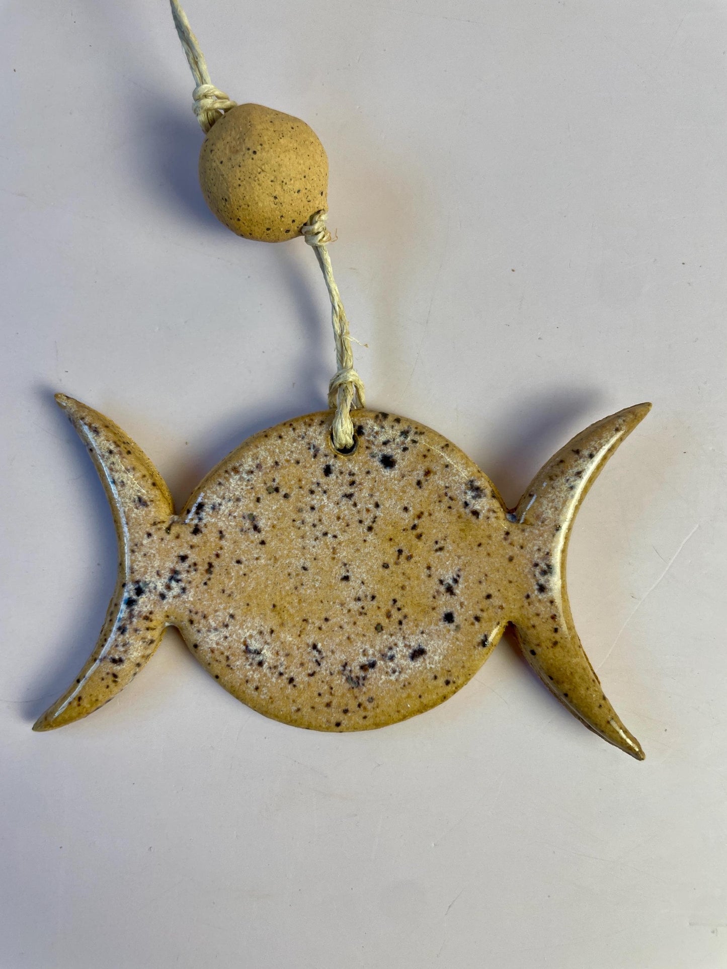 Triple Goddess Ornament – Lavender Indigo Speckle with Honey Clay Bead | Handcrafted Moon Symbol Wall Hanging | Feminine Divine Decor