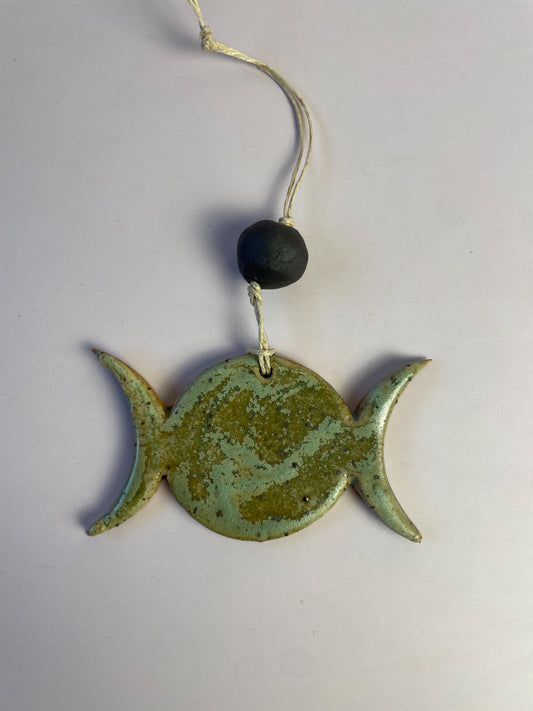 Triple Goddess Ornament – Matte Green with Dark Chocolate Clay Bead | Handcrafted Moon Symbol Wall Hanging | Earth Goddess Decor