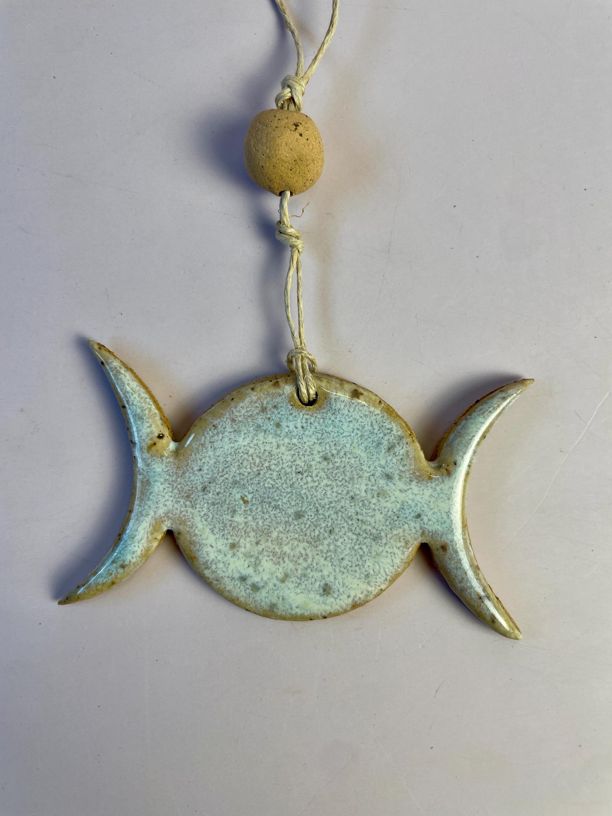 Triple Goddess Ornament – Pearl Aqua Lavender Glaze with Honey Clay Bead | Handcrafted Lunar Symbol Hanging | Celestial Feminine Decor