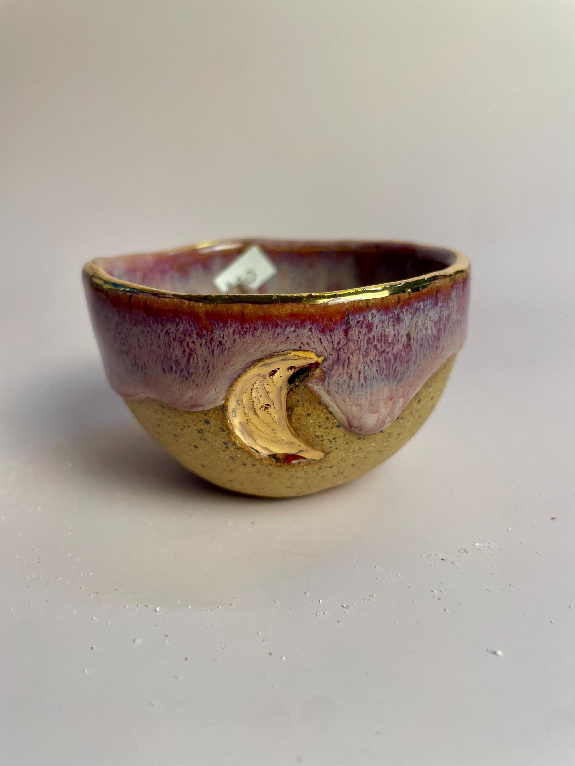 Small Pinched Moon Bowl – Pink Glaze with Gold Crescent Moons