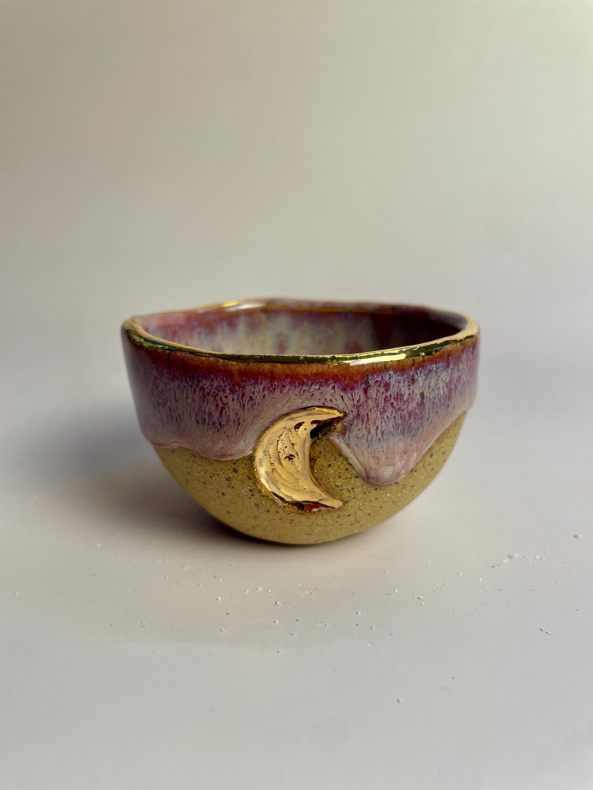 Small Pinched Moon Bowl – Pink Glaze with Gold Crescent Moons