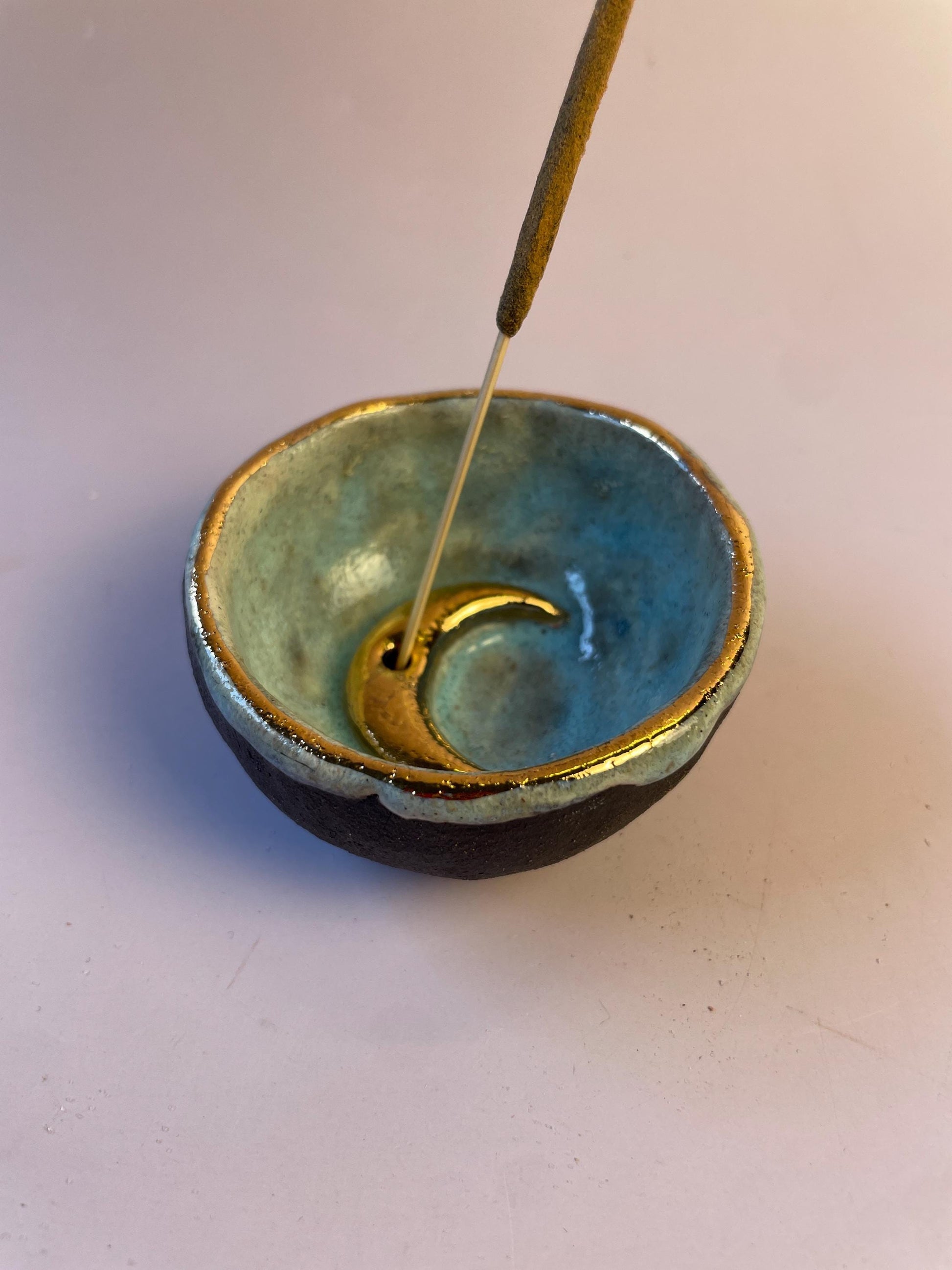 Handmade Aqua and Gold Crescent Moon Incense Holder | Ceramic Trinket Bowl for Jewelry and Sacred Objects