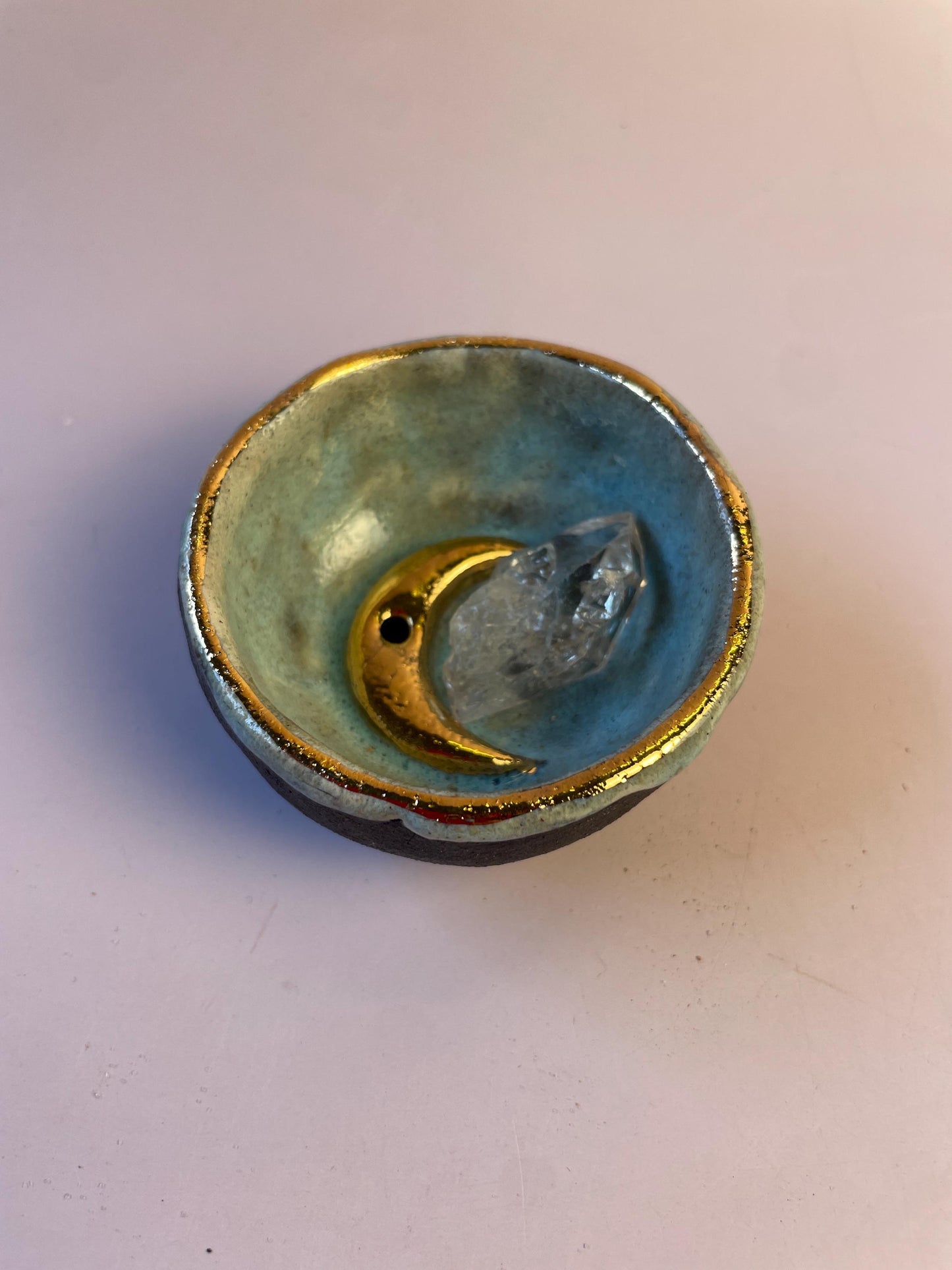 Handmade Aqua and Gold Crescent Moon Incense Holder | Ceramic Trinket Bowl for Jewelry and Sacred Objects