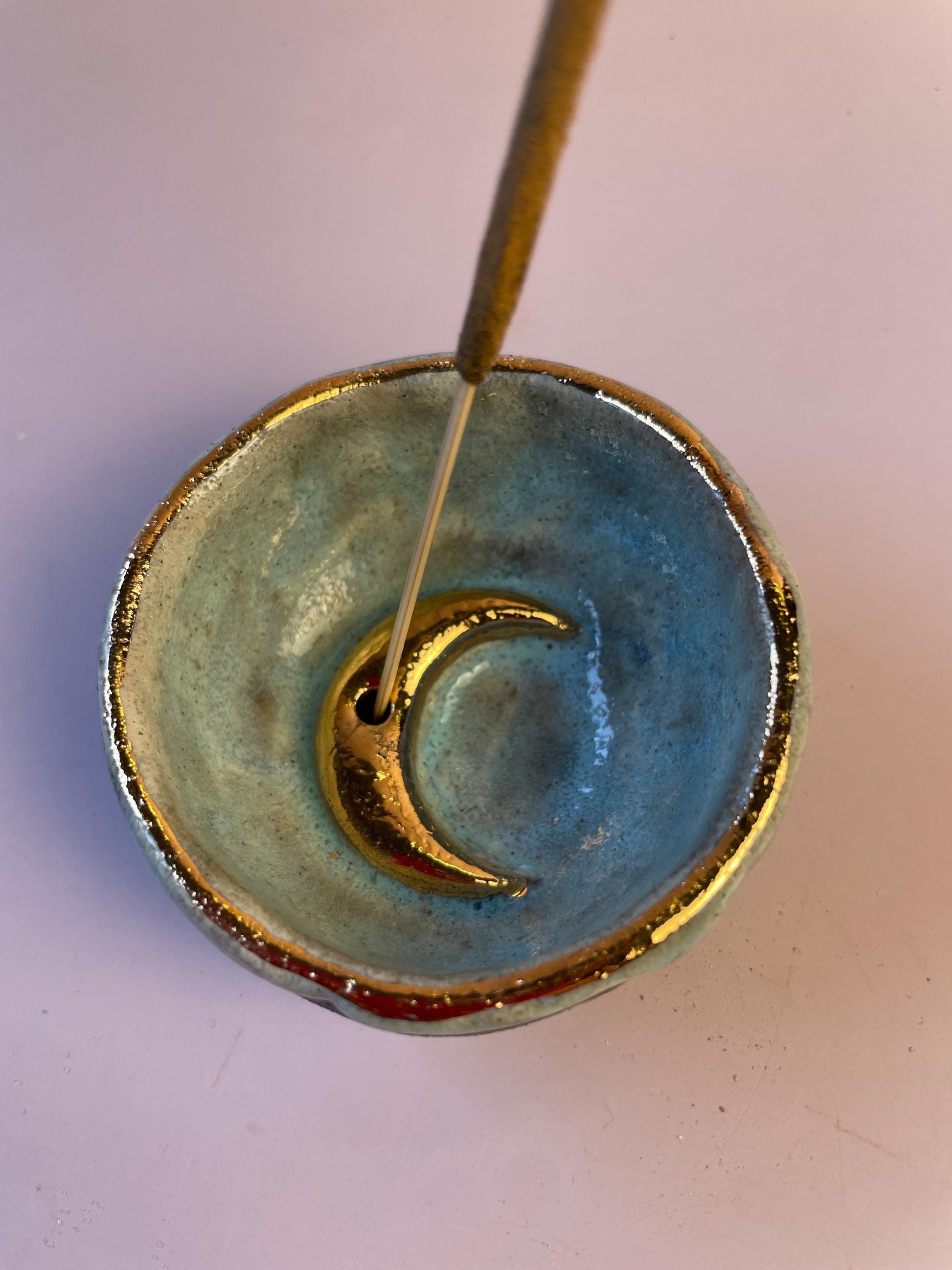 Handmade Aqua and Gold Crescent Moon Incense Holder | Ceramic Trinket Bowl for Jewelry and Sacred Objects
