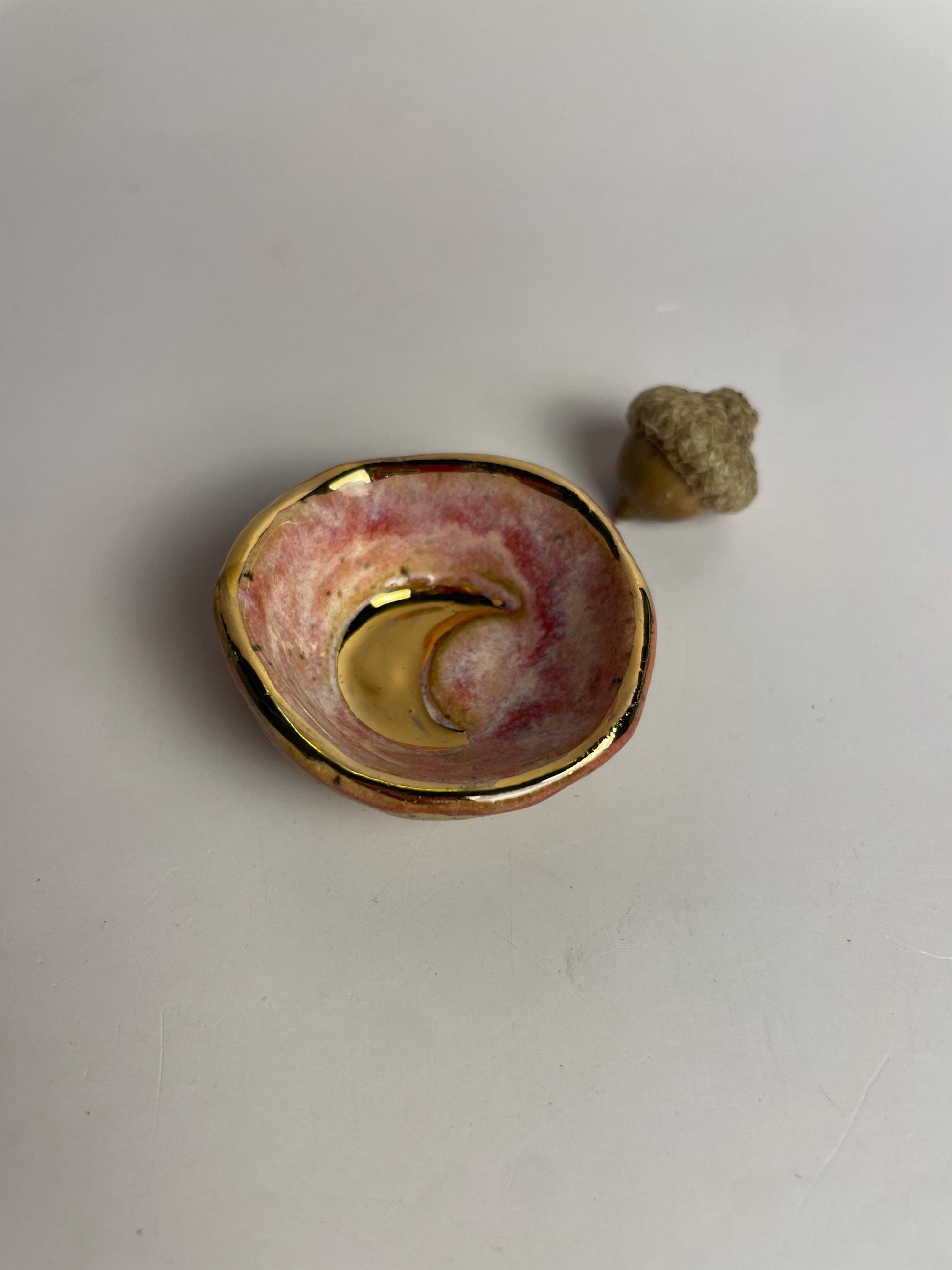 Tiny Gold Crescent Moon Dish – Hand-Formed Ceramic Bowl in Pink Glaze with Gold Luster Rim | Mini Altar or Jewelry Dish