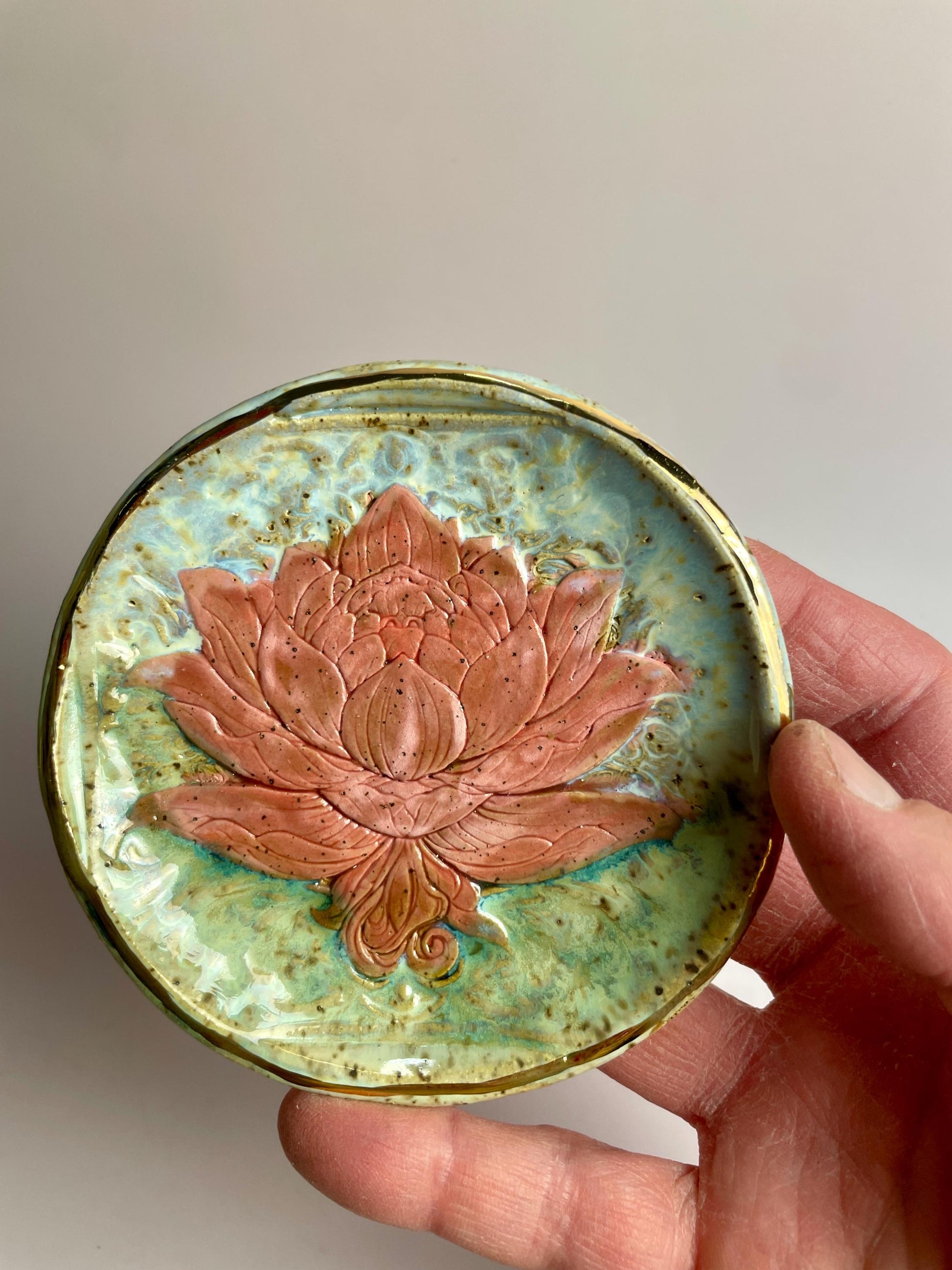 Handcrafted Lotus Trinket Dish – Pink Lotus on Aqua Green Glaze with Gold Luster Rim | 4” Ceramic Catch-All Dish