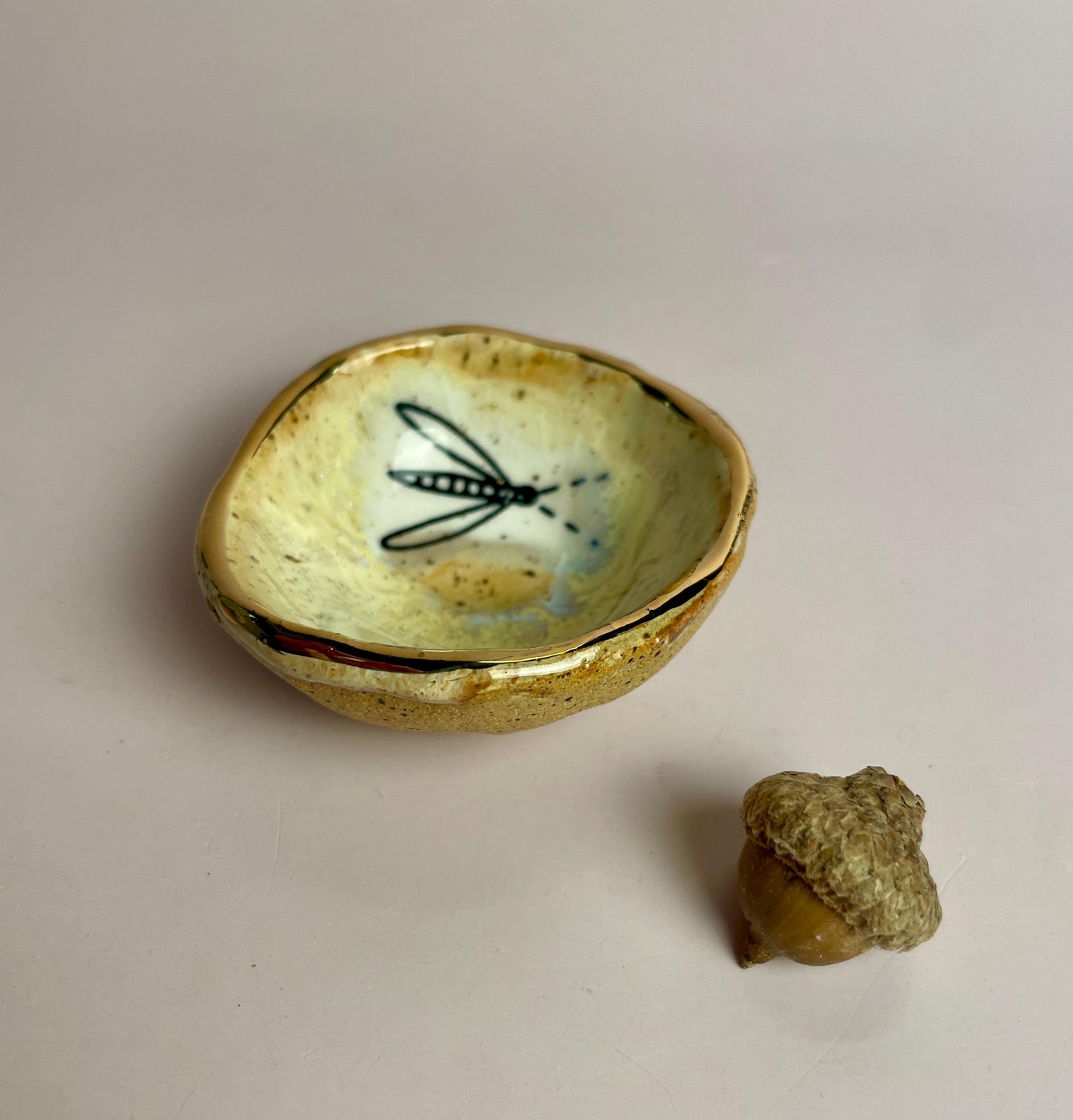 Tiny Firefly Bowl – Hand-Pinched Ceramic Dish in Golden Yellow Glaze with Gold Luster Edge | Symbol of Light and Renewal