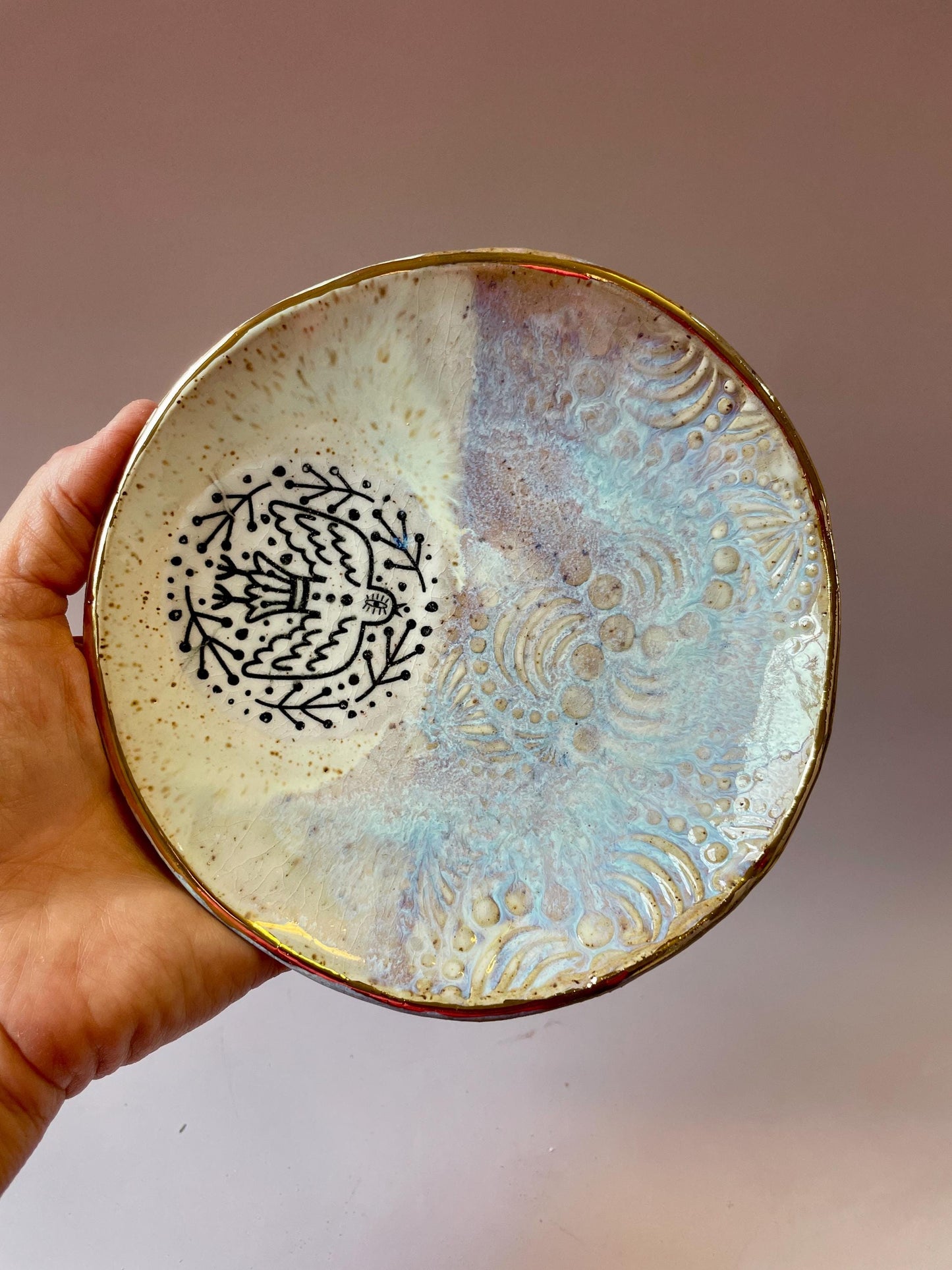 Handmade Ceramic Trinket Dish – Bird and Wave Design with Gold Luster – Decorative Art Bowl