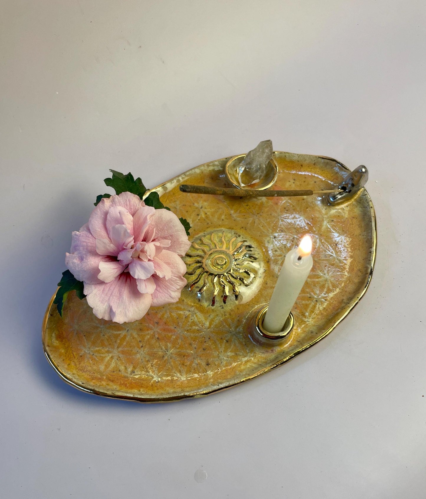 Four-Element Ritual Dish – Flower of Life, Sun and Moon, Coral and Gold Glaze