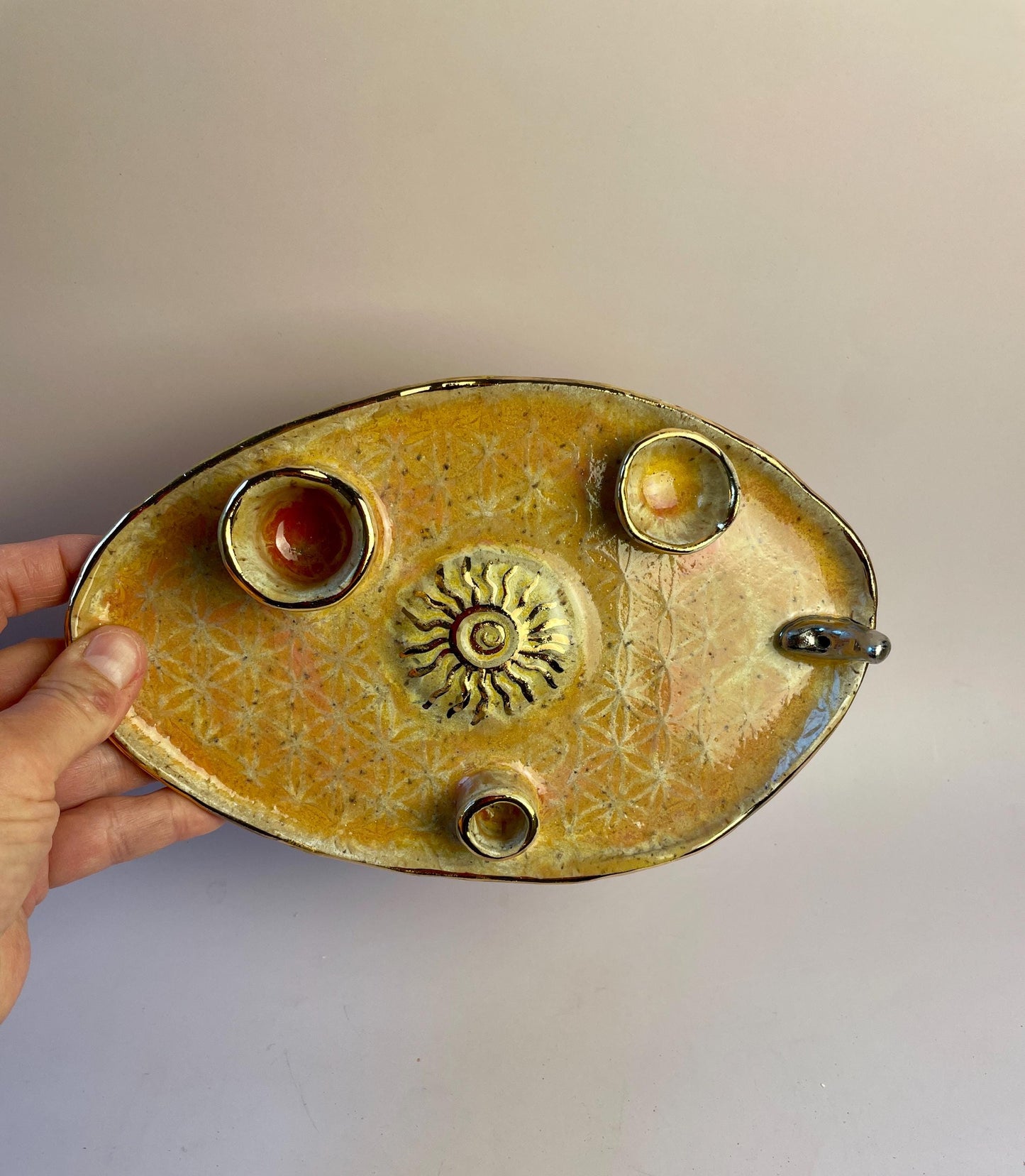 Four-Element Ritual Dish – Flower of Life, Sun and Moon, Coral and Gold Glaze