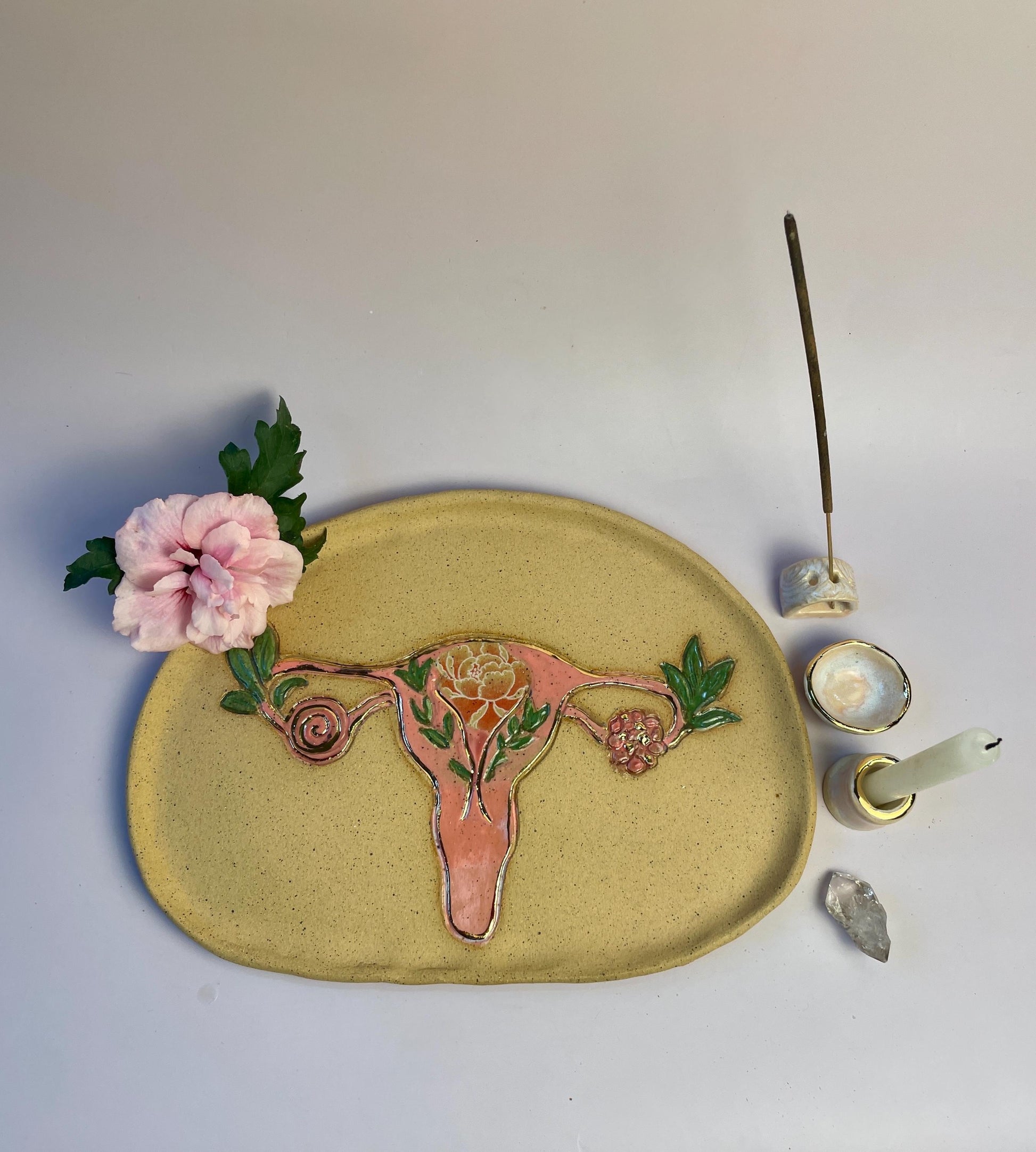 Divine Feminine Womb Ritual Handmade Ceramic Dish – Pink & Gold Luster Altar Set for Sacred Ceremony and Healing