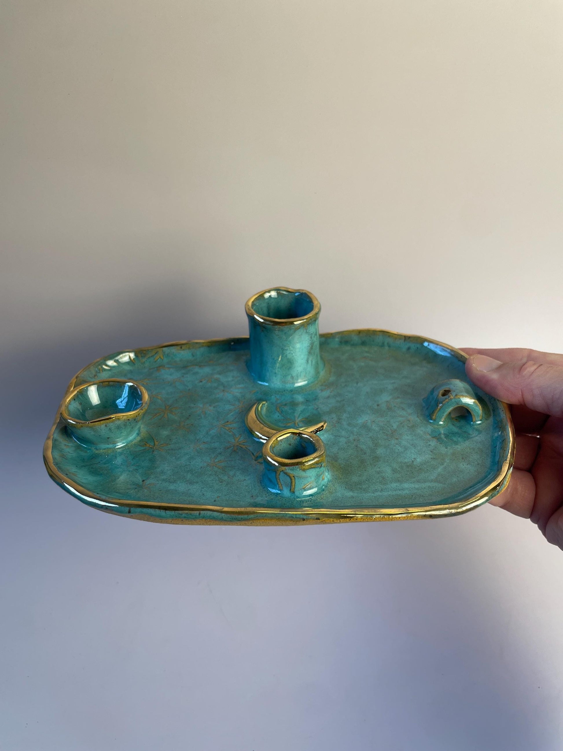 Turquoise Flower of Life Ritual Dish – Gold Crescent Moon, Four-Element Altar for Candle, Incense, and Offerings