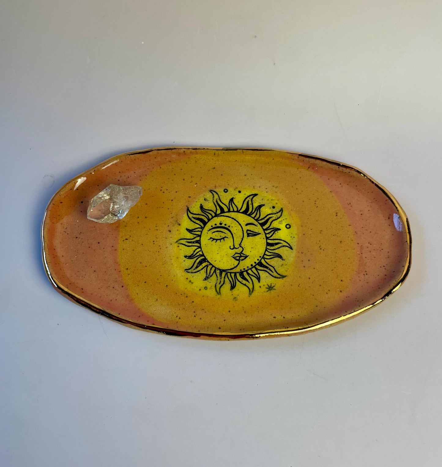 Sun Moon Trinket Dish – Coral, Orange and Yellow Glaze with Gold Luster Rim