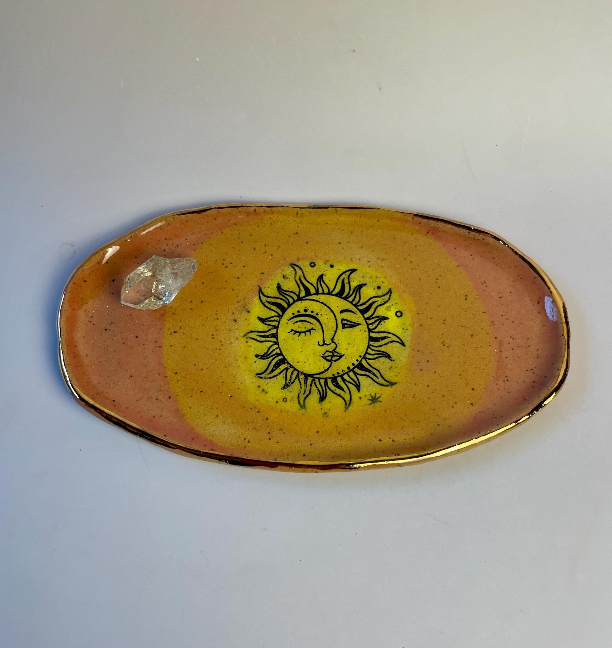 Sun Moon Trinket Dish – Coral, Orange and Yellow Glaze with Gold Luster Rim