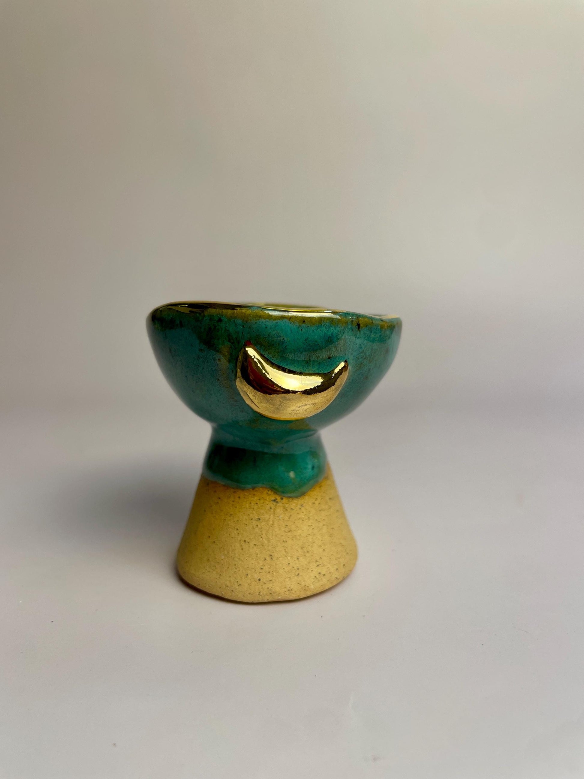 Small Turquoise Moon Altar Chalice – Hand-Built Honey Clay Ritual Vessel with Gold Crescent Moonsl
