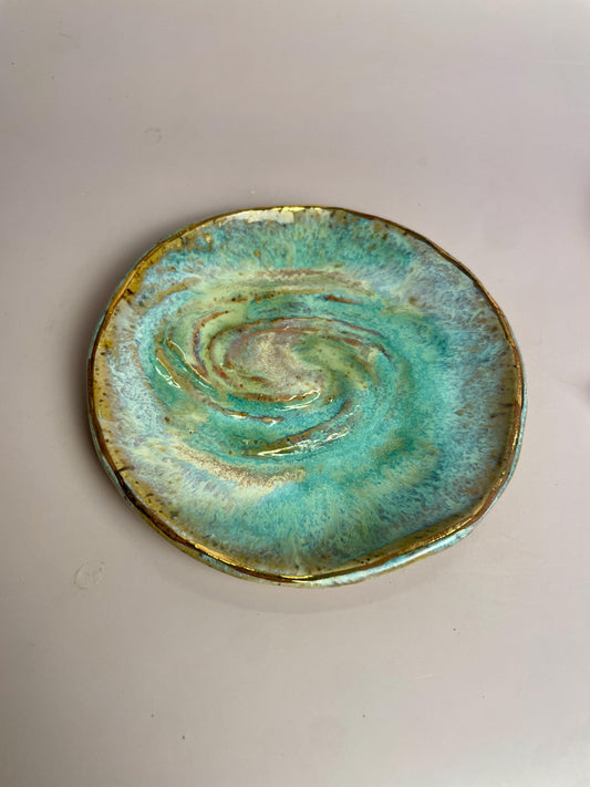 Galaxy Swirl Trinket Dish — Crystal Charging and Altar Bowl in Icy Lavender Blue and Emerald Glaze