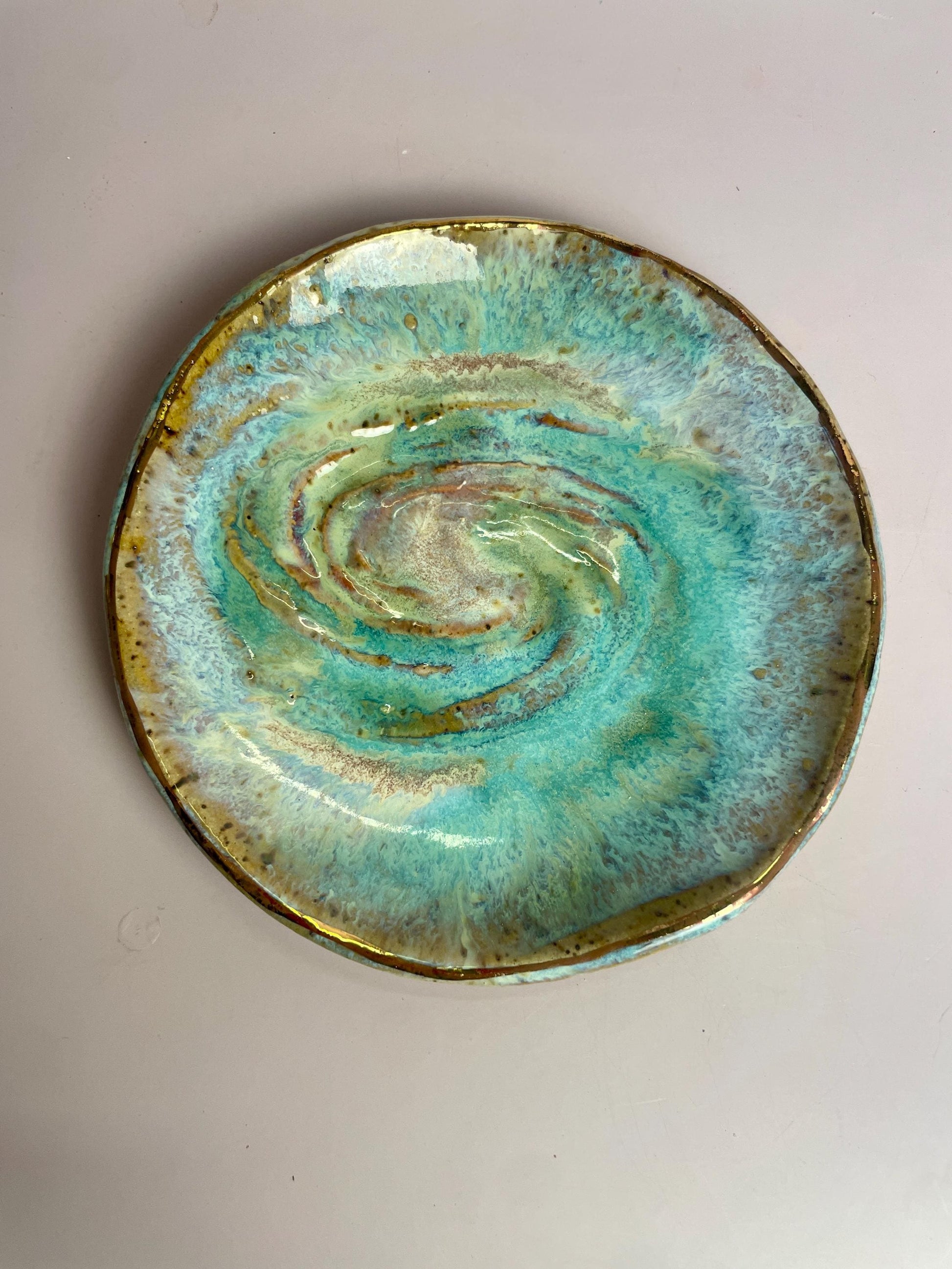 Galaxy Swirl Trinket Dish — Crystal Charging and Altar Bowl in Icy Lavender Blue and Emerald Glaze